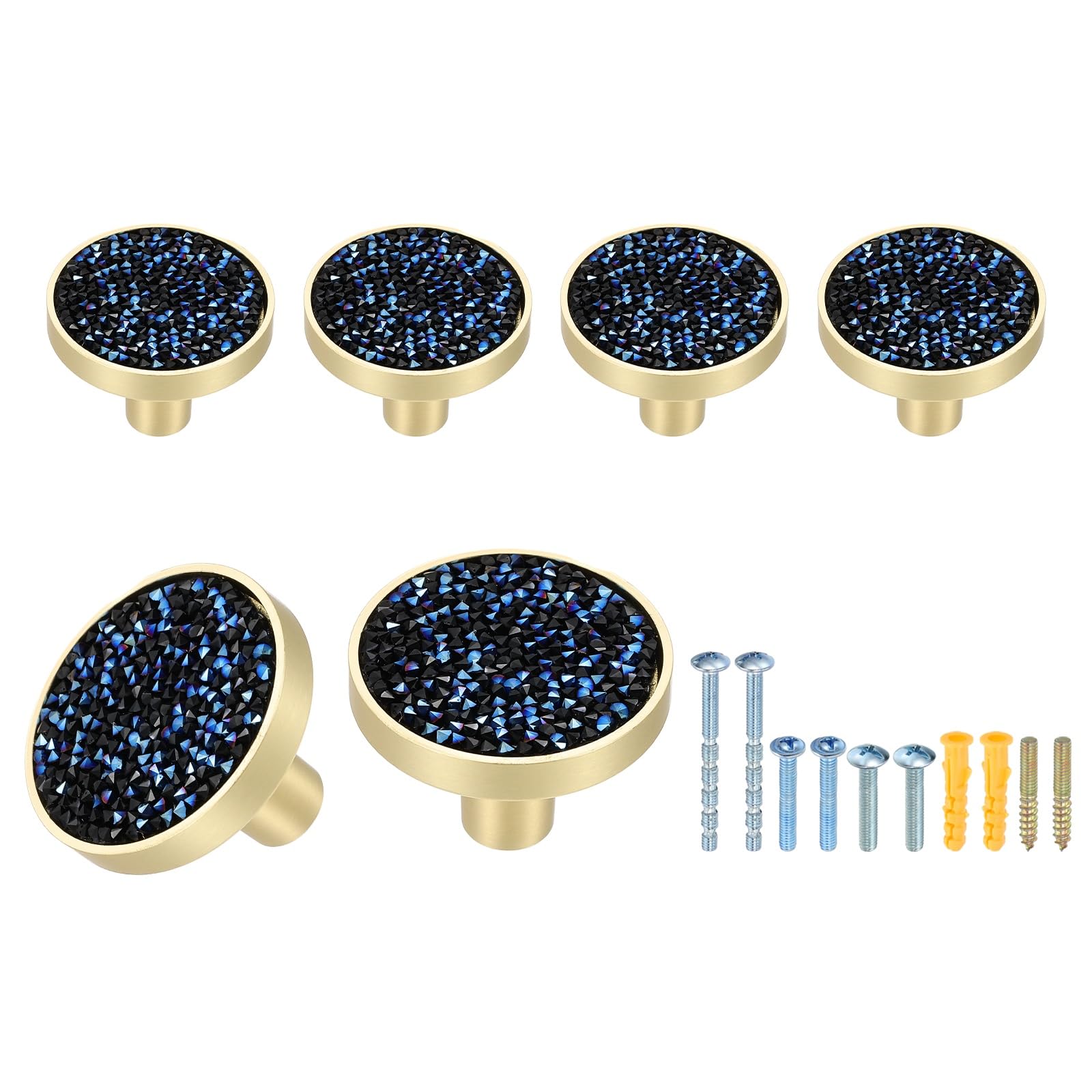 sourcing map 6Pcs Gold Cabinet Knobs, 32mm Decorative Round Knobs Kitchen Cabinet Handles with Screws Drawer Pull Hardware for Cupboard Dresser Wardrobe, Diamond Blue