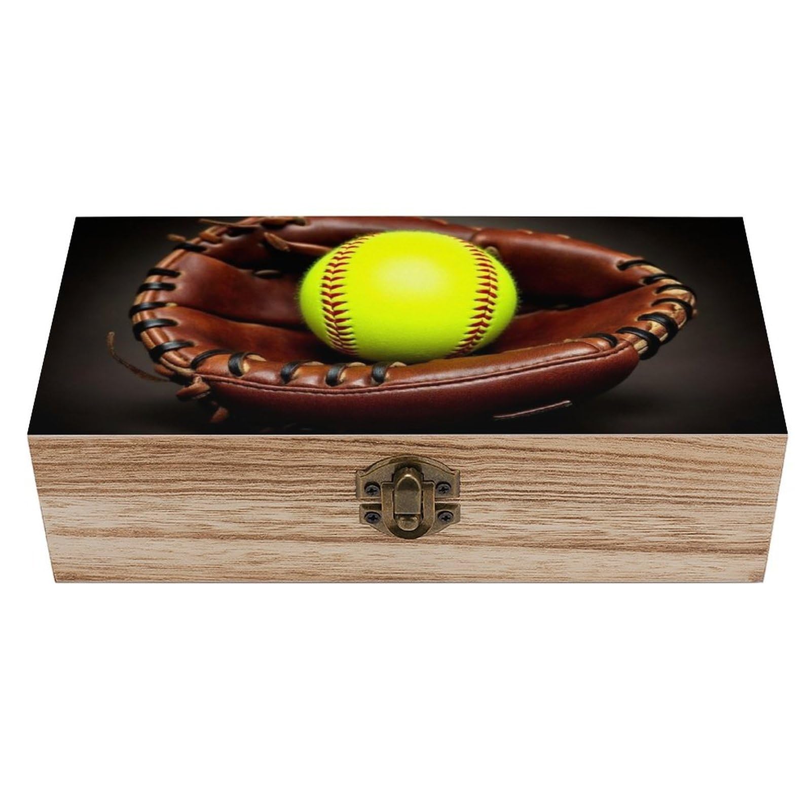 HLBSDM Wooden Box Decorative Storage Boxes with Hinged Lid, Retro Vintage Sports Softball Ball Rectangle Keepsake Box for Jewelry, Birthday Gift, Home Decoration