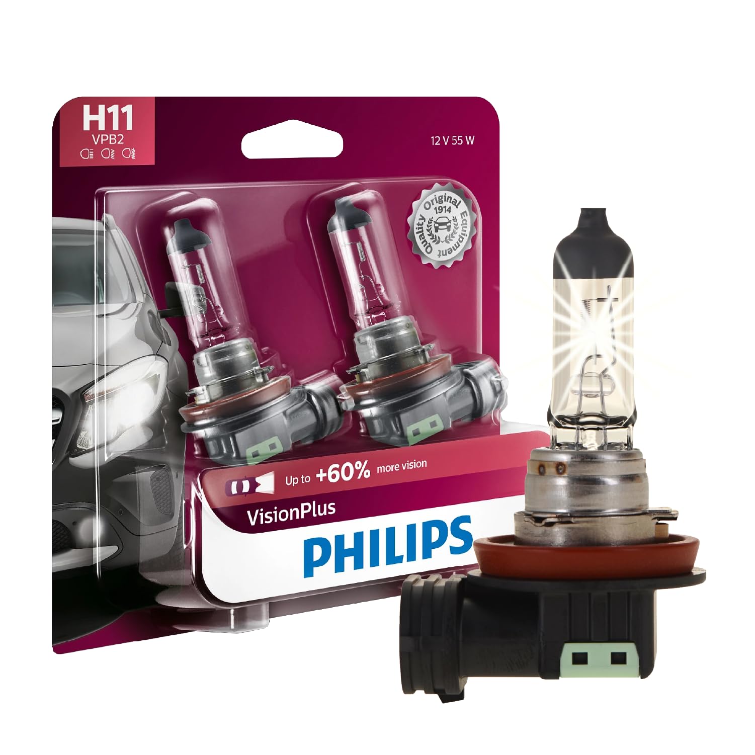 Philips H11 VisionPlus Upgraded Headlight Bulb, Up to 60% More Vision, Pack of 2