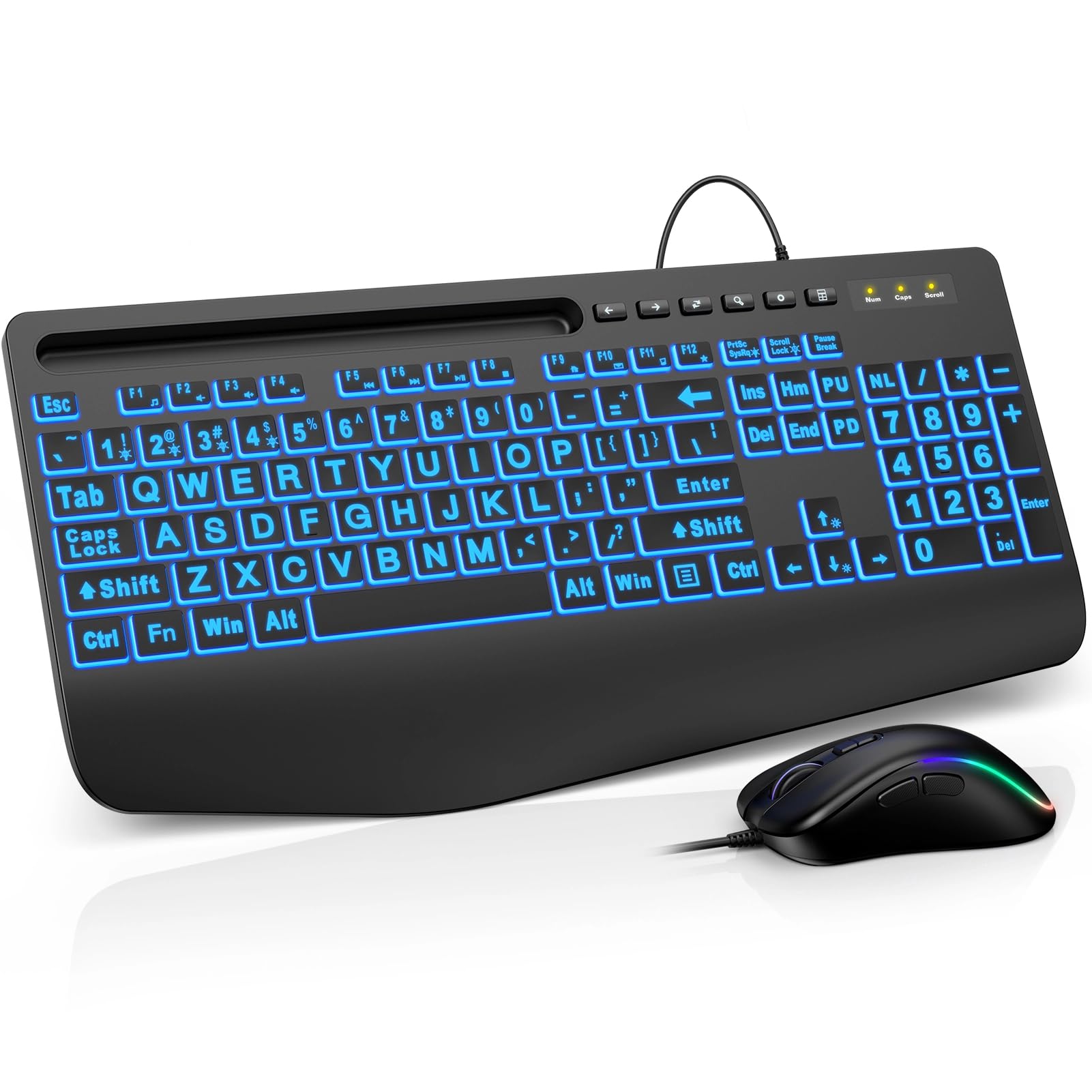 Wired Keyboard Mouse Combo - Large Print Backlit, Ergonomic Wrist Rest, 6 DPI RGB for PC/Windows - Ideal for Seniors, Students, Office and Home SABLUTE