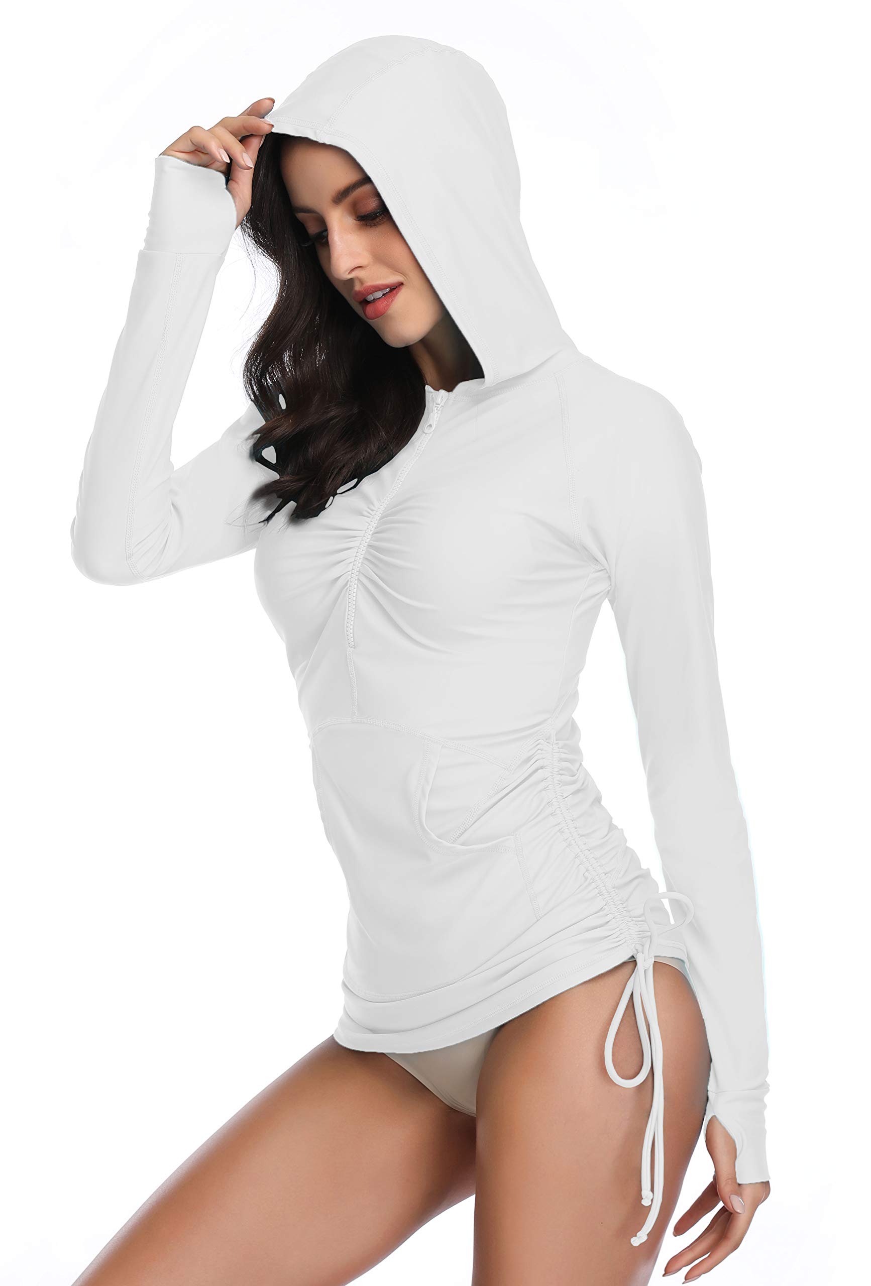 Womens Rash Guard, UV Sun Protection Long Sleeve Rash Guard Bowknot Drape Zip Wetsuit Swimsuit Top with Pockets White