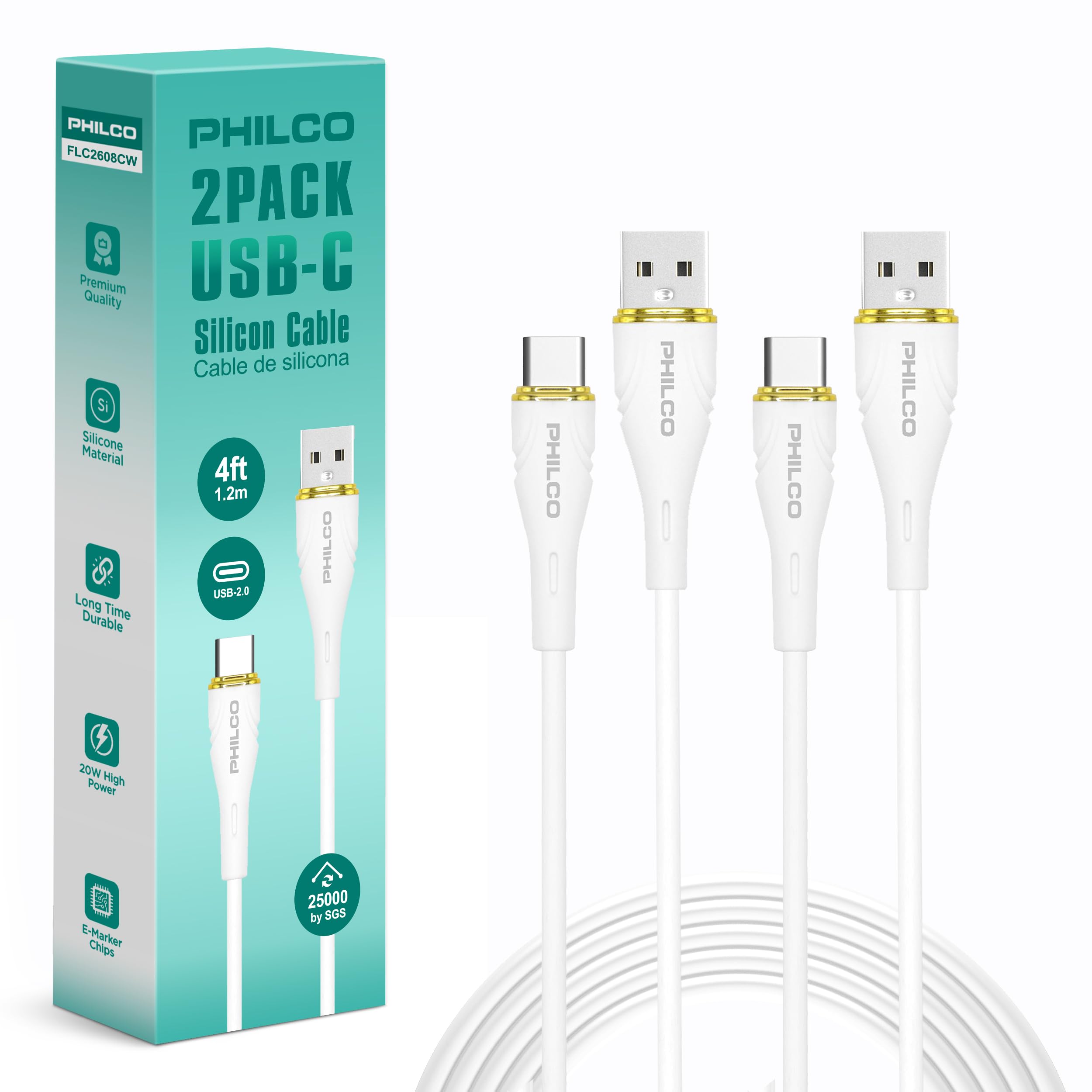 Philco USB to USB C Cable, 20W Type C Fast Charging, Soft-Touch Silicone Cord, Durable, Tangle-Free Power Cable for MacBook, iPhone 16, iPad, Samsung,