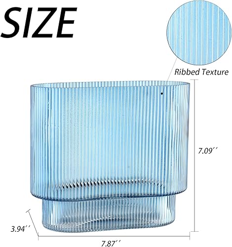 Miniatura 6 de YANWE1 Jarrón de vidrio azul, florero de vidrio acanalado, florero de vidrio estriado para flores, florero moderno, jarrón grande de vidrio para