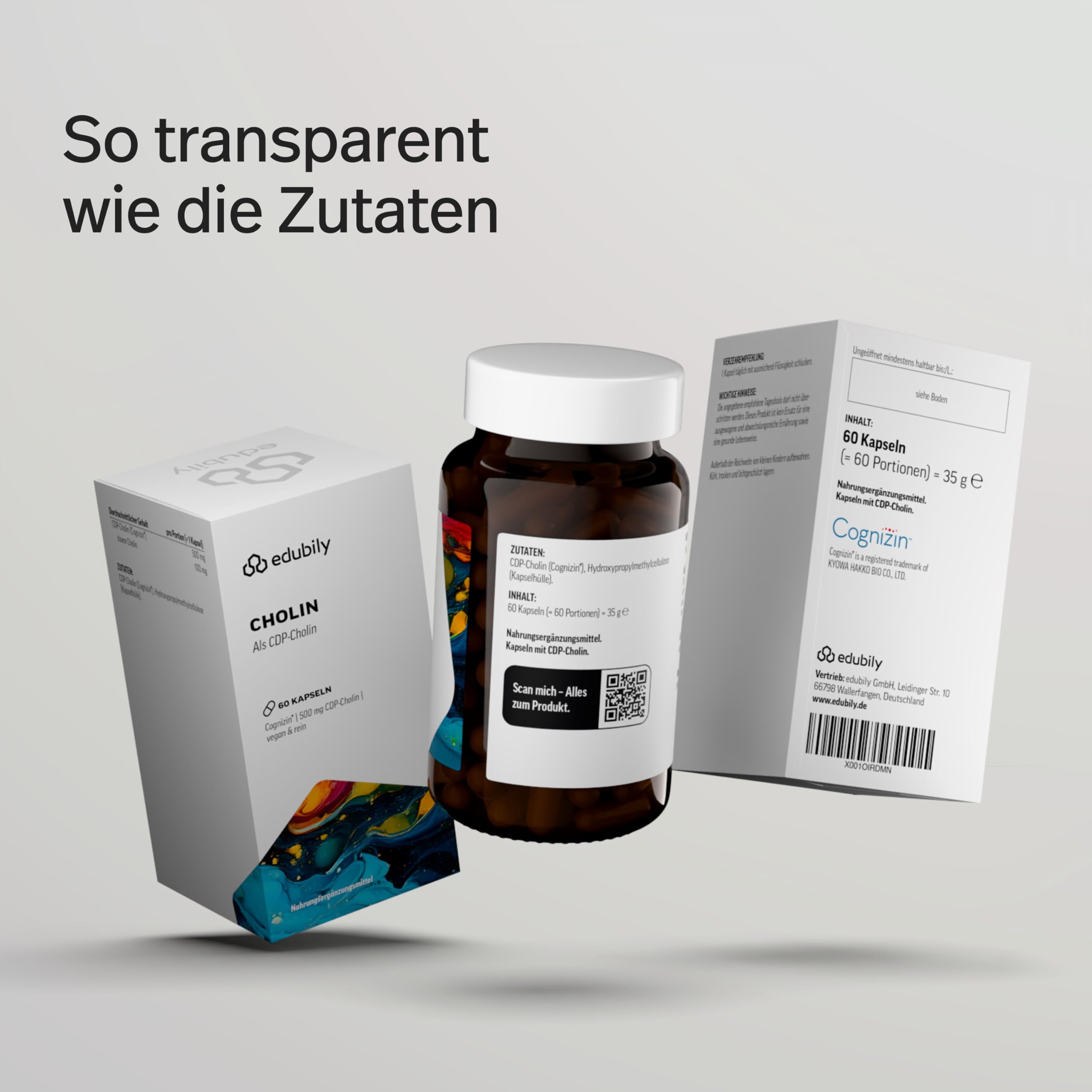 edubily® Cholin - 500mg CDP-Cholin von Cognizin® pro Kapsel - hohe Bioverfügbarkeit - Laborgeprüft - Im Braunglas (60 Kapseln)