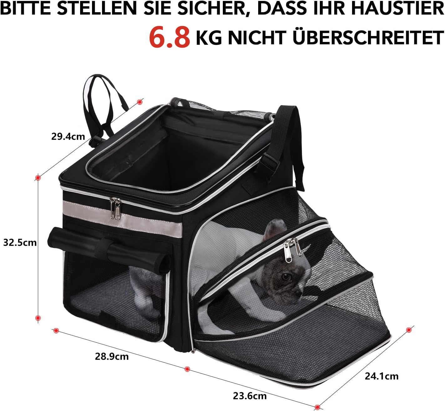 Haustier Fahrradtasche für Hunde Katzen, Haustier Rucksäke mit Vorne Atmungsaktiv Netzfenster, Faltbarer Raum Tragetasche für Kleine Mittlere Hunde und Katzen 6kg (Schwarz)