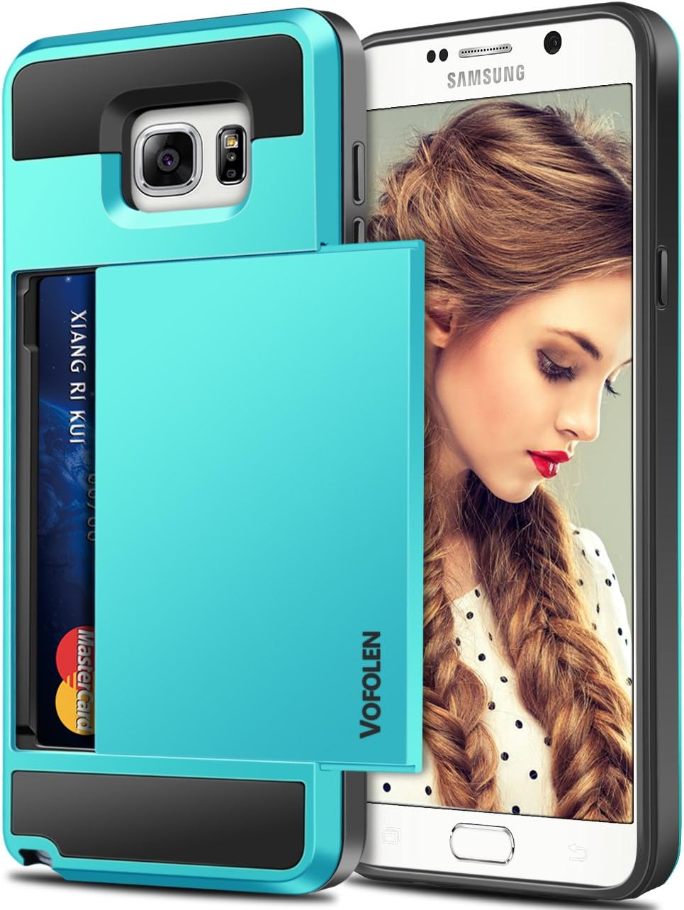 Vofolen Case for Galaxy Note 5 Case Wallet Card Holder ID Slot Dual Layer Protective Cover Anti-scratch Hard Shell Shock Absorbing TPU Soft Tough Bumper Armor Case for Samsung Galaxy Note 5 (Sky Blue)