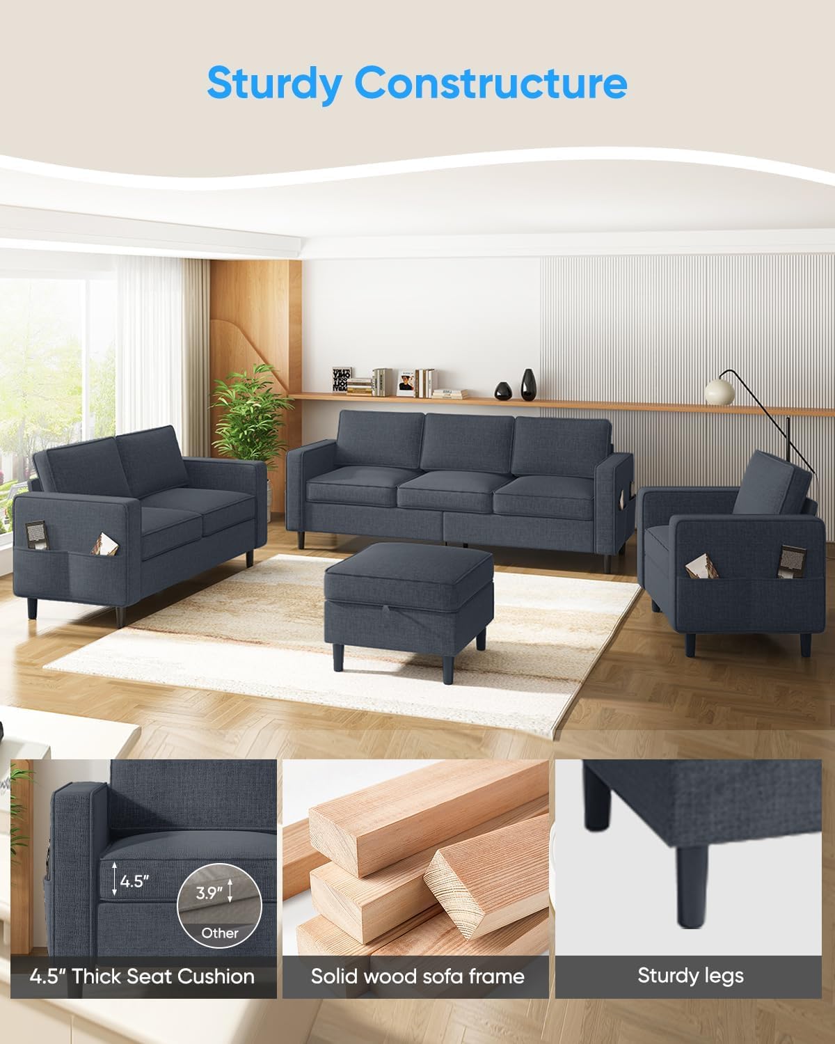 Close-up images showing the 4.5 inch thick seat cushion, solid wood sofa frame, and sturdy legs.