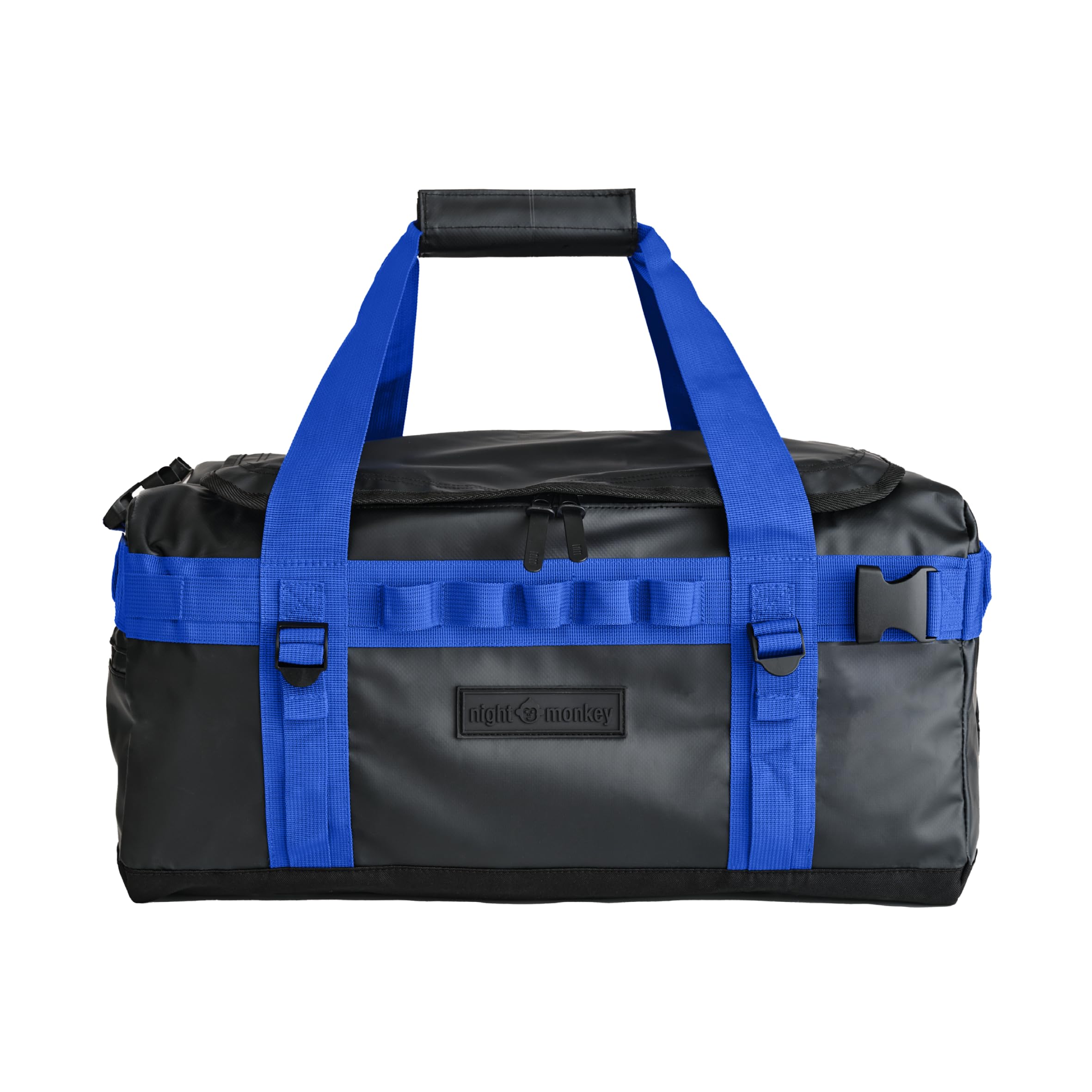 nightmonkeyยฎ Waterproof Duffel Backpack 40L 70L Travel Holdall with Wet Pocket Water Resistant Tarpaulin Convertible Gym Camping Weekend Bag, (Black/Blue, 40L)