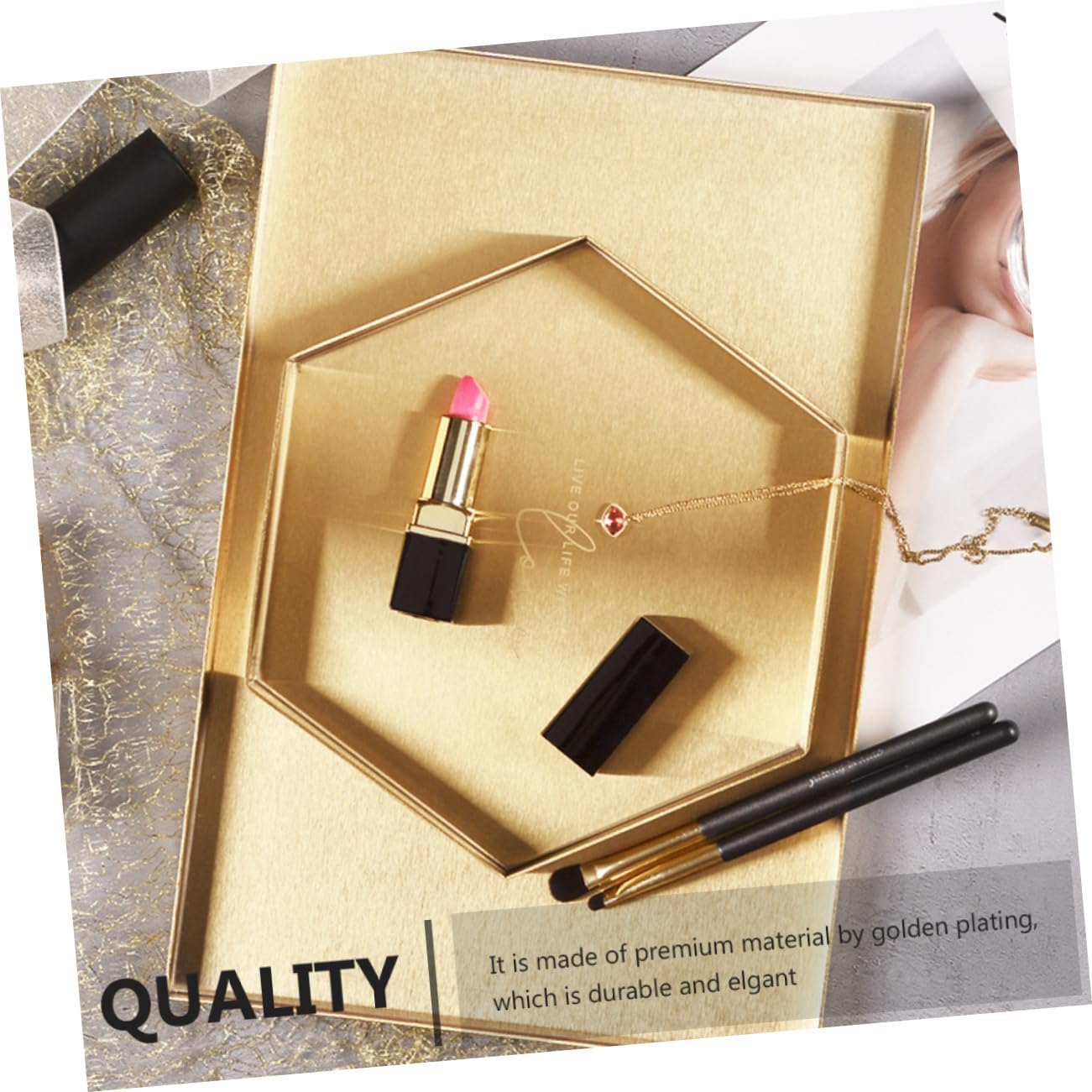 Golden Geometric Storage Tray Stainless Steel Decorative Tray for Cosmetics Jewelry and Desktop Organization Stylish Makeup Storage Container for Home and Office