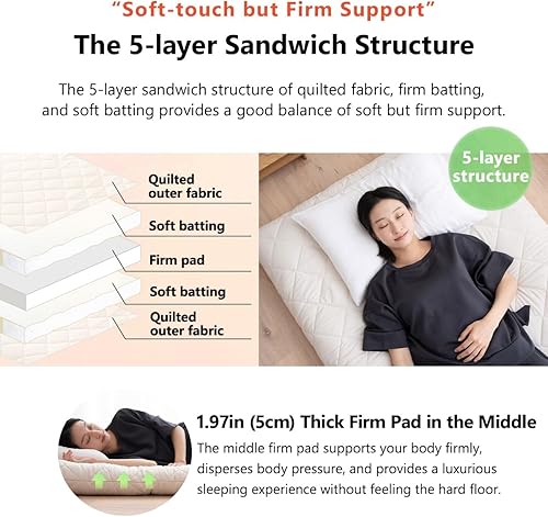 Miniatura 4 de EMOOR Colchón de futón japonés extra grueso, sin dobladillo, tamaño individual, fabricado en Japón, blanco, plegable, cama para dormir, tatami