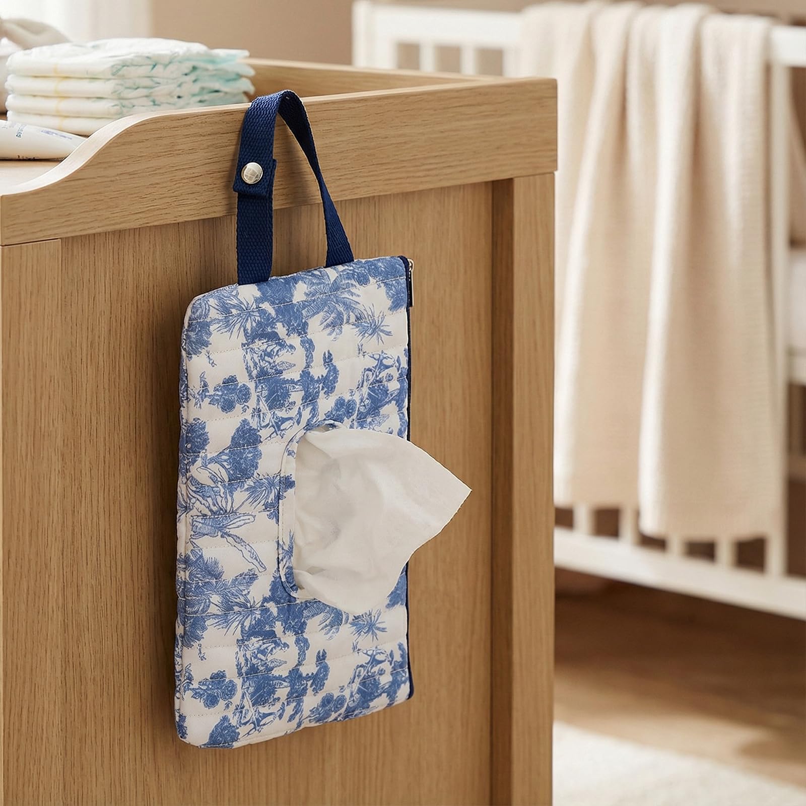 Quilted Baby Wipe Holder, Canvas Floral Quilted Pouch with Hanging Strap, Portable Diaper Wipe Holder for Travel Stroller-Grand Classical Blue - 3