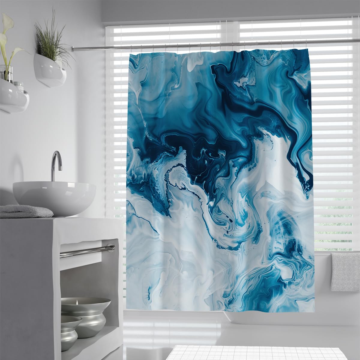 UIRINGART Fluid Art Bath Curtain W150xL180cm Abstract Dark Teal Sky Blue Marble Liquid Inks Mildew Mould Resistant Polyester Fabric Apartment Shower Curtains