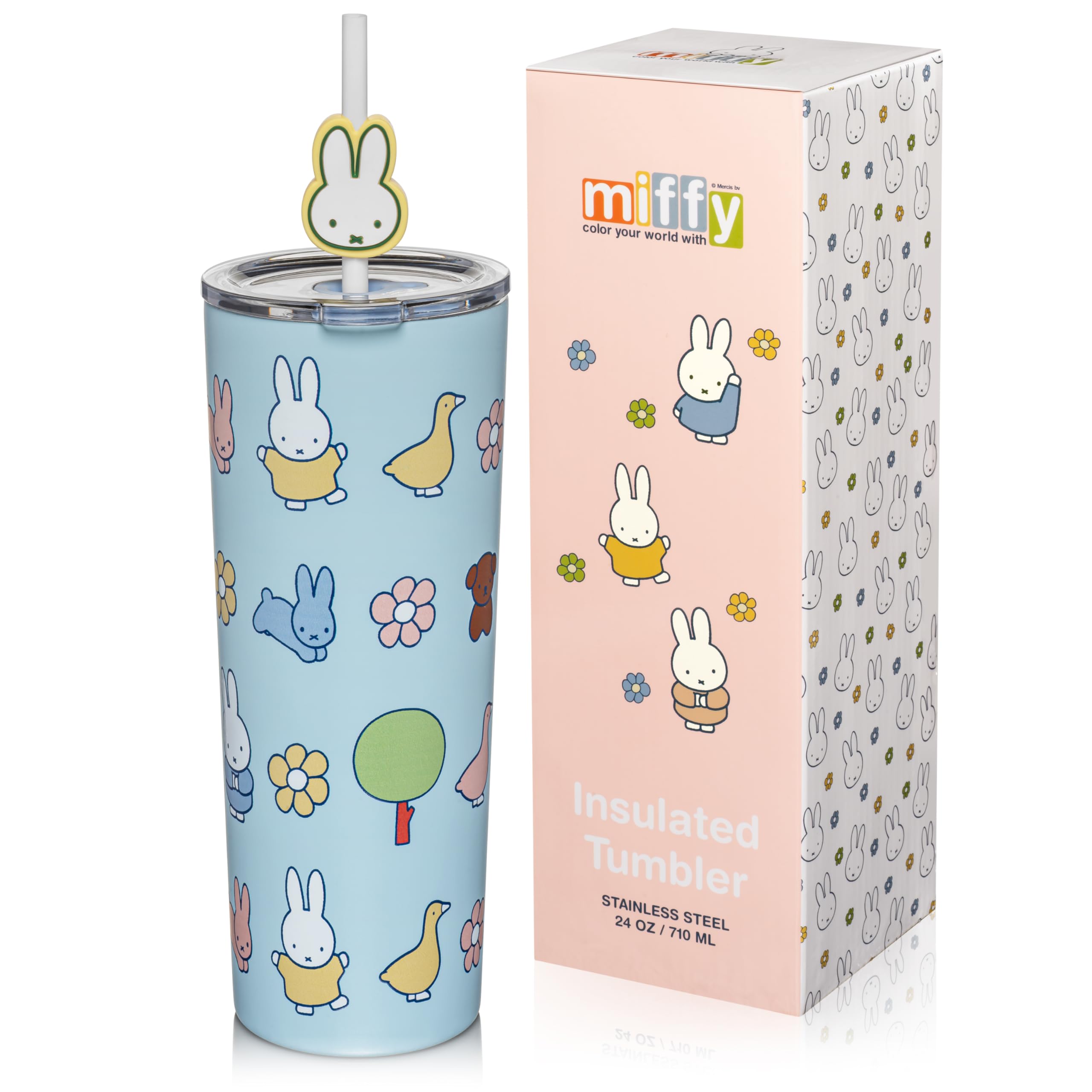 Dragon Glassware | Miffy Stainless Steel Tumbler with Straw, 24 oz - Blue | Vacuum Insulated Stainless Steel Tumbler with Straw & Lid; Double Walled Tumbler with Straw Charm; Miffy Cup with Lid