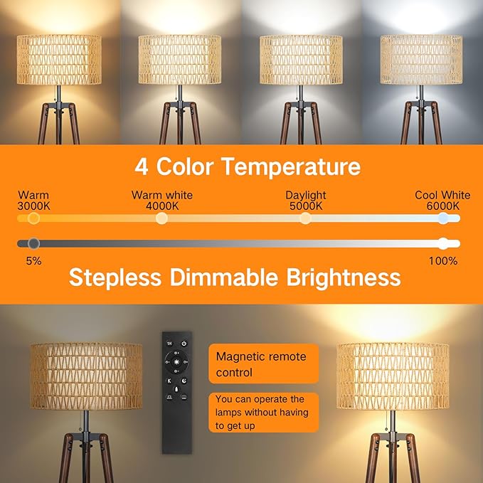 OUTON OUTON Boho Rattan Tripod Floor Lamp with Shelves, Dimmable Mid Century Modern Standing Lamp with Remote Control,Wood Tall Floor Lamps for Living Room Bedroom Office Farmhouse Bulb Included, Walnut photo 3