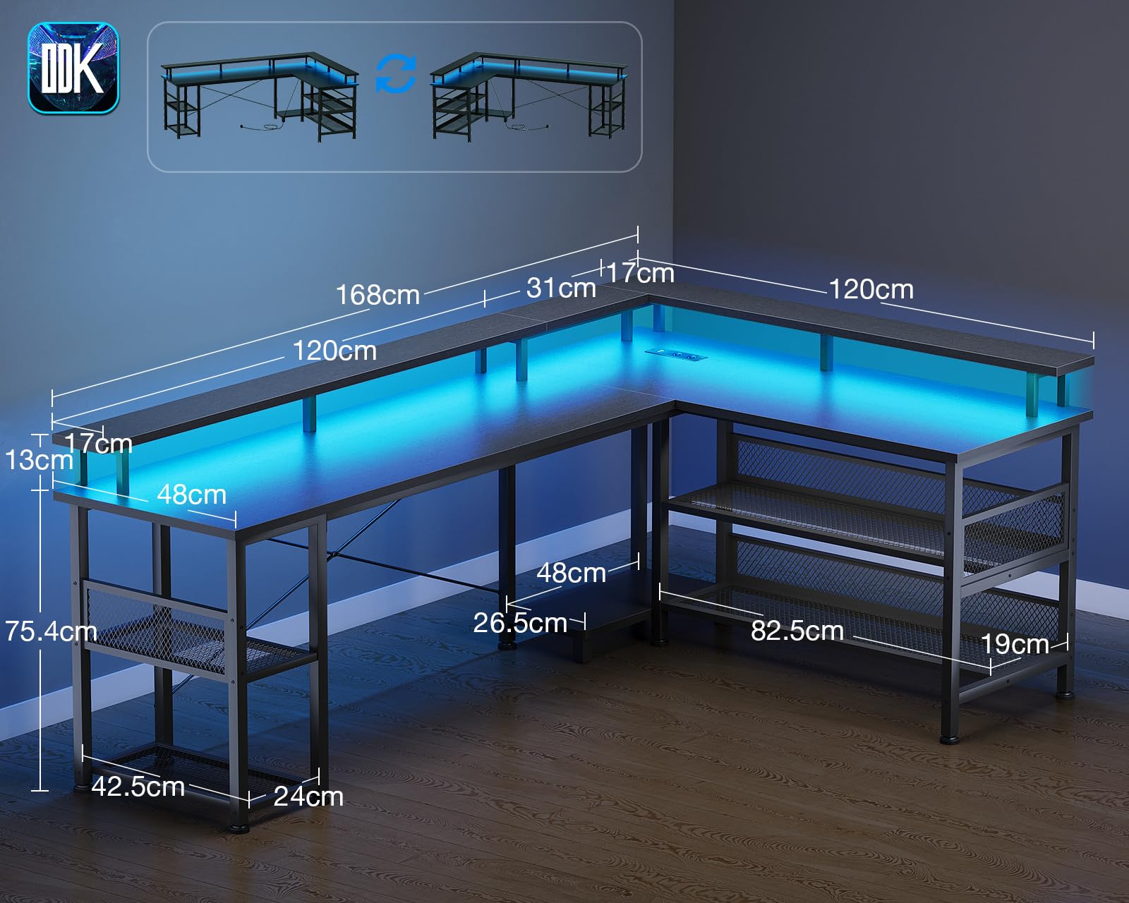 ODK Gaming Eckschreibtisch mit LED und Steckdose, 168×120 cm, Schwarz | Gaming Tisch mit Regal in L-Form, Schreibtisch mit Ablagefach & Stauraum, Reversibel, für Home Office & Wohnzimmer