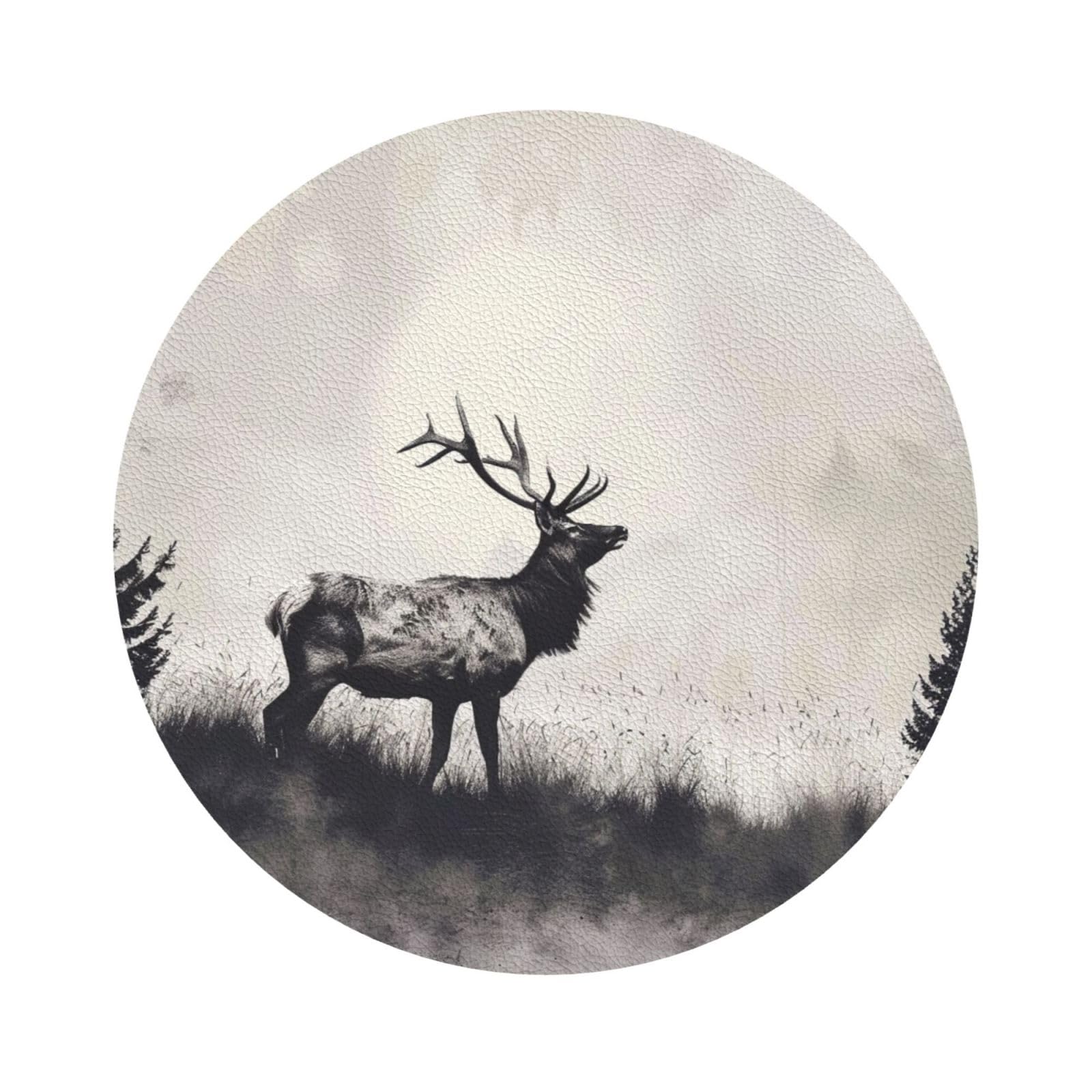 Wild Deer Print Leather Coaster Set of 6, Round Shape Coasters Table Decorative Coffee Cup Beverage Coasters Wine Beer Bar Coasters for Hot Drinks Table Protection
