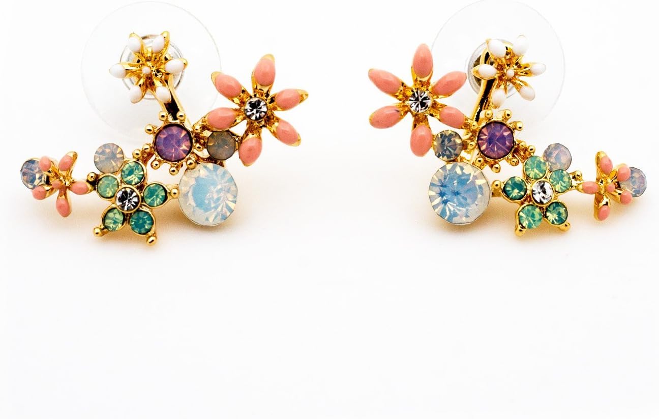Flower Gem Crystal Ear Jacket Earring in Pastel Pink
