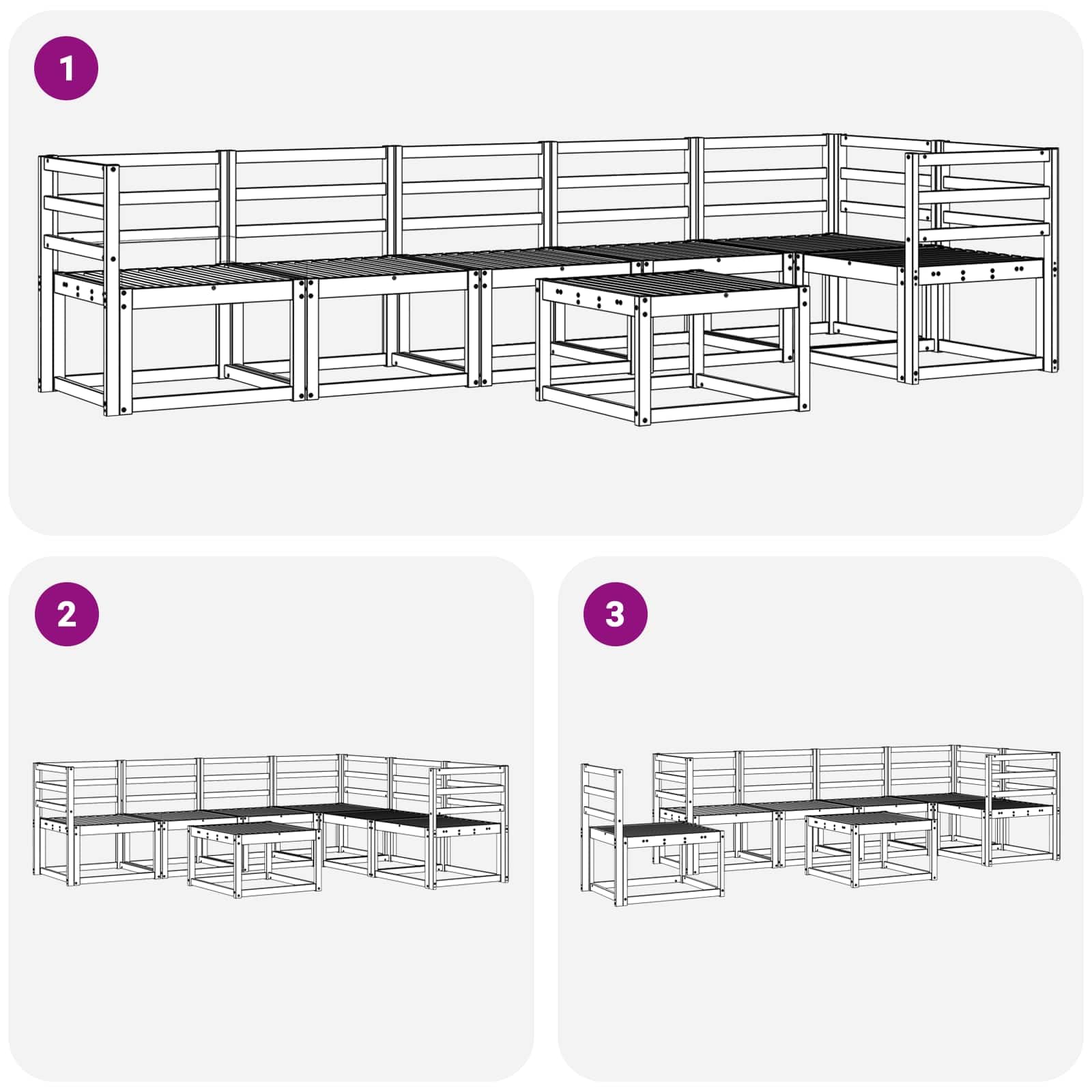 Set da 7 divani da esterni in legno di acacia, set modulare da giardino marrone naturale con poltrona angolare, sedili centrali e tavolo per giardino, terrazza e balcone