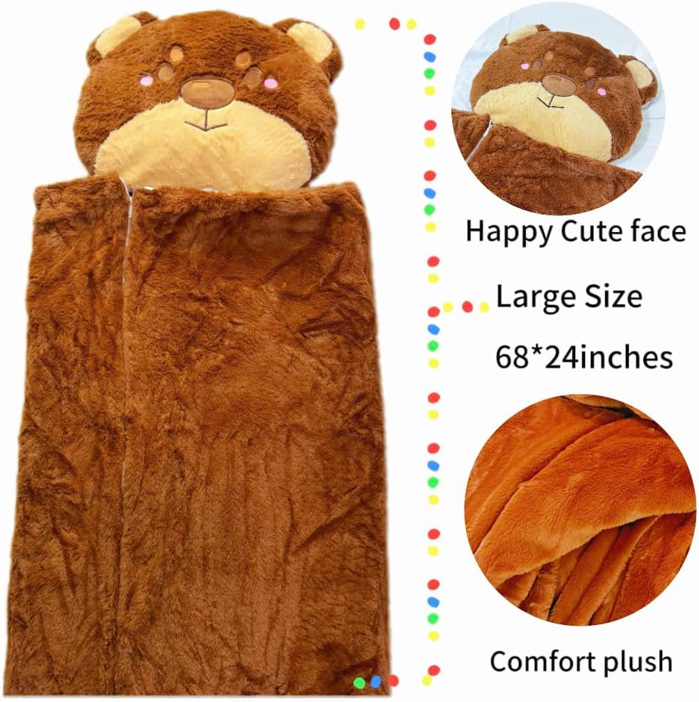 Kids Sleeping Bag, Animal Slumber Bags for Kids, Boys, and Girls. Soft Pillow, Nap Mat, Naptime (Brown Bear)