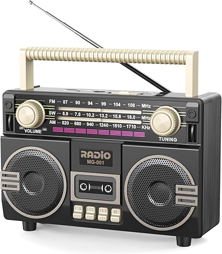 Radio AM FM portátil con doble altavoz, radio retro recargable USB-C, radios de transistor con excelente recepción, perilla grande fácil de usar,