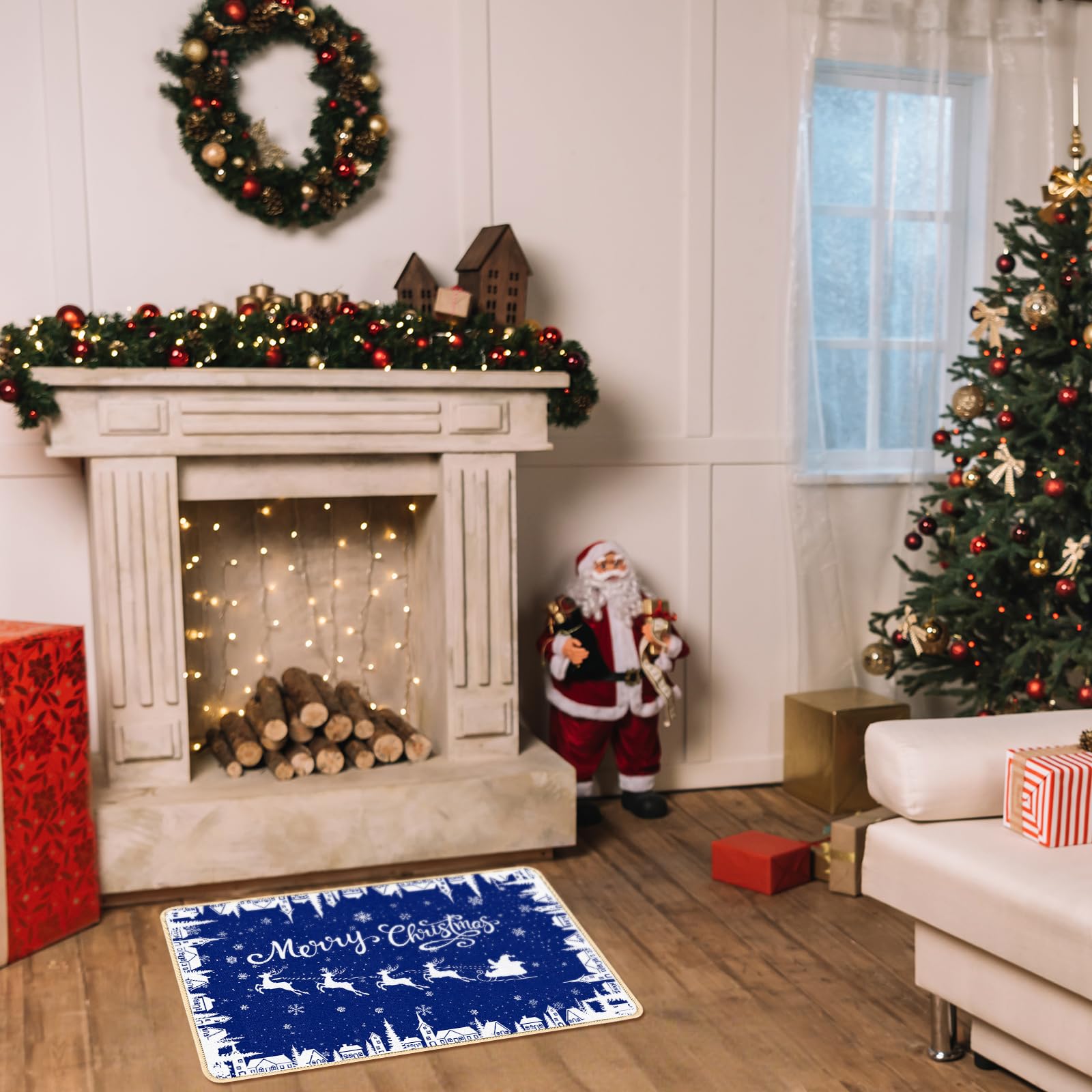 Dunzy Fußmatte, Motiv: blaue Schneeflocken, Motiv: Frohe Weihnachten, Winterdorf, Küchenteppich, Heimdekoration, rutschfest, waschbar, Teppich für Küche, Eingangsbereich, Schlafzimmer, Badezimmer