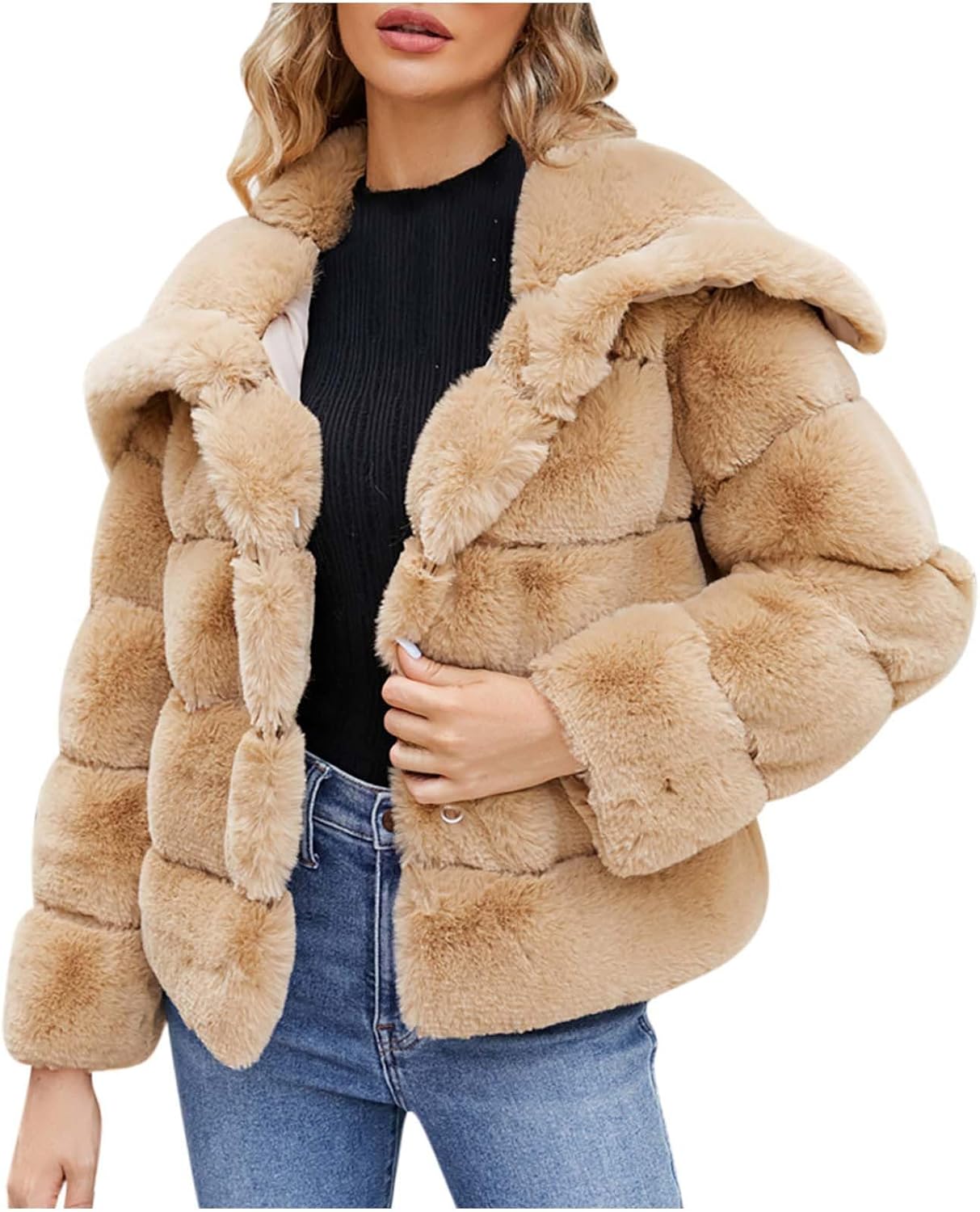 NATHGAM Women's Cropped Fuzzy Fleece Quilted Coats with Hood Winter Sherpa Thermal Short Jackets Plush Shaggy Cardigan Coats