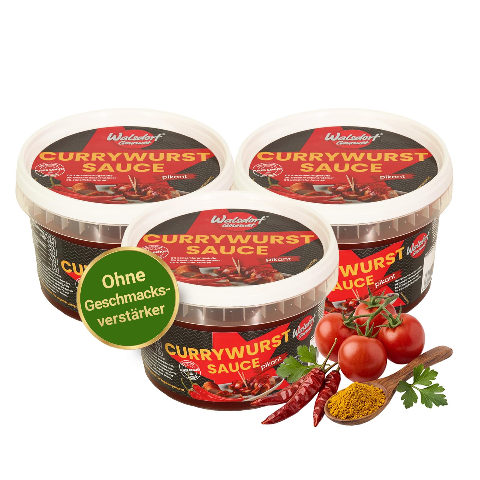 Walsdorf Gourmet Currywurst Sauce pikant - 3 x 500 g Schale - Currysauce mit milder Schärfe & Tomatenmark - Ohne Geschmacksverstärker & künstliche Zusätze - Vegan - Manufakturqualität vom Niederrhein