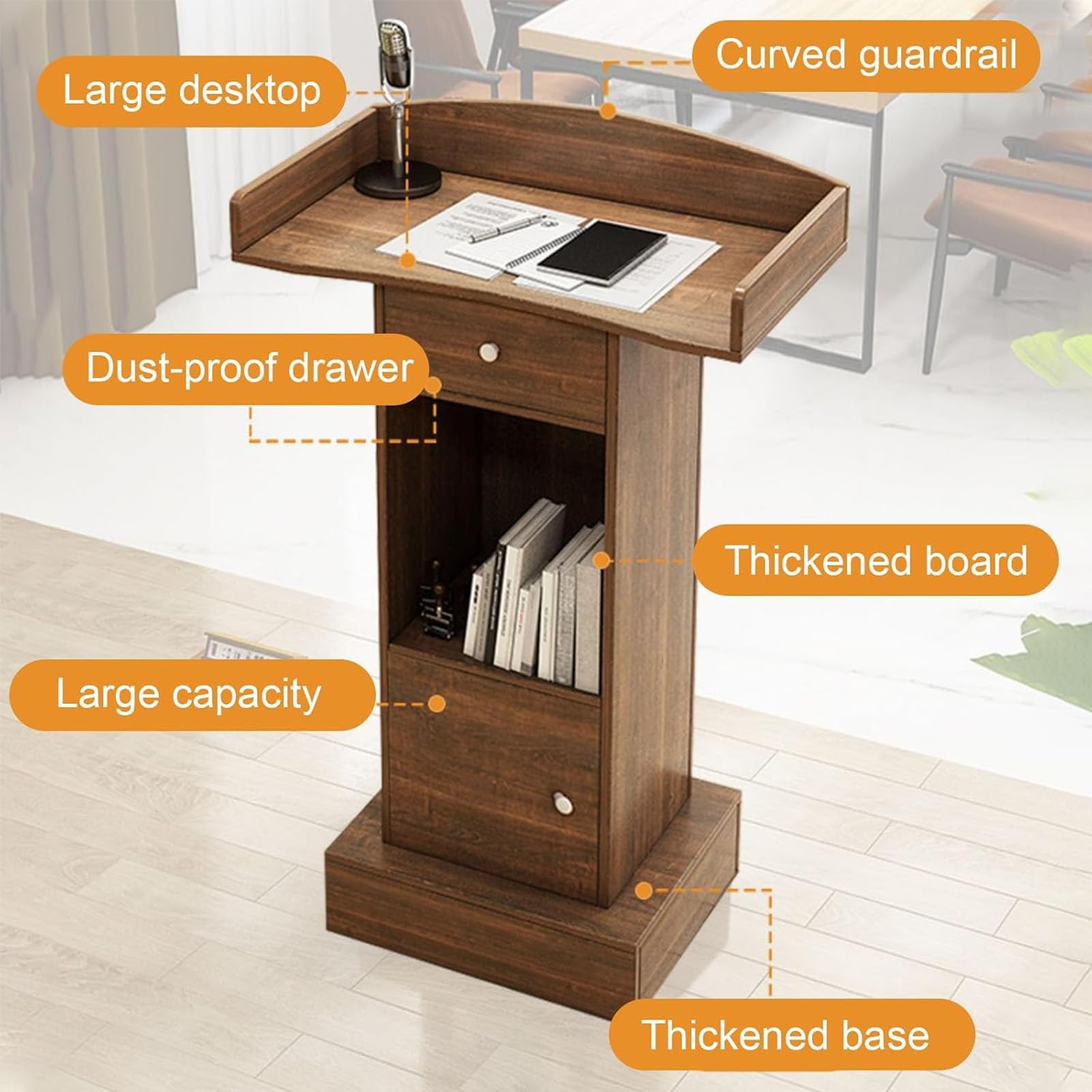 Pupitre en Bois, Bureau sur Pied pour Podium,White+Door & Drawer