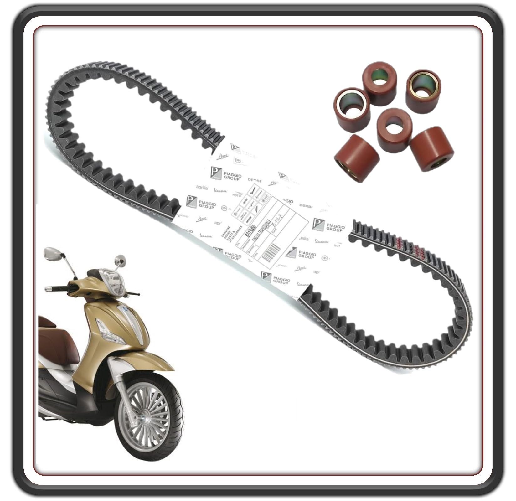 CINGHIA TRASMISSIONE DISTRIBUZIONE PER PIAGGIO BEVERLY 250 DAL 2006 IN POI - BEVERLY 300 TUTTI I MODELLI FINO AL 2020 - PIAGGIO CARNABY 250-300 ORIGINALE COMPLETA DI RULLI.