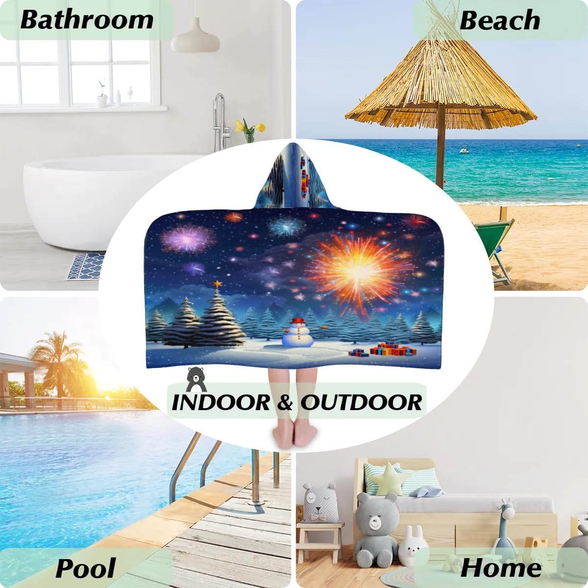 Pardick Kid Bath Towels Winter Snowman Firework Kids Towel with Hood for Girls Boys Beach Towel Pool Cover Up Soft Absorbent Toddler Hooded Bath Towel for Shower, Beach, Pool