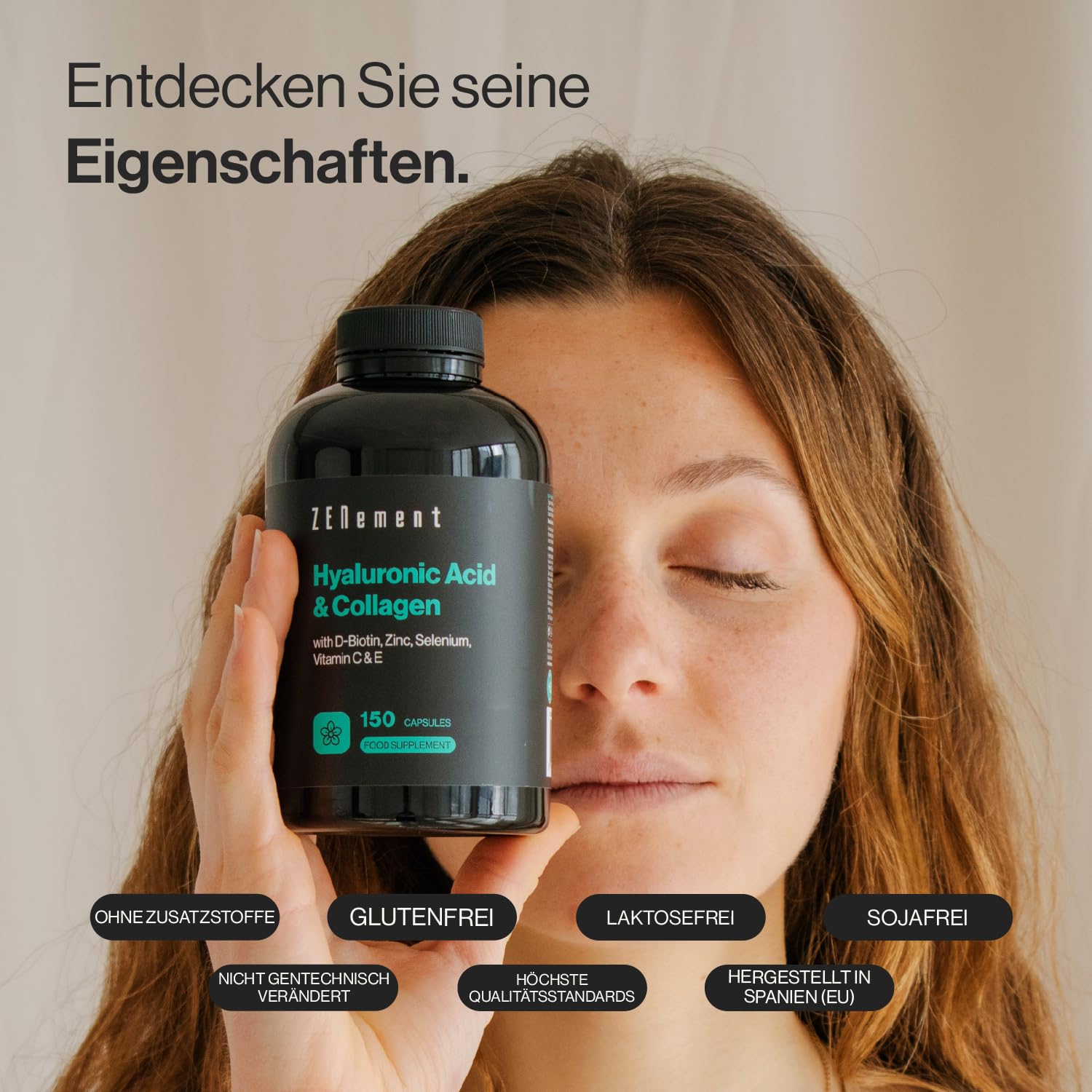 Kollagen und Hyaluronsäure mit Biotin, Zink, Selen, Vitamin C und E - 150 Kapseln - Für Haut, Gelenke und Knochen – 1000 mg Kollagen + 200 mg Hyaluronsäure pro Portion – Zenement