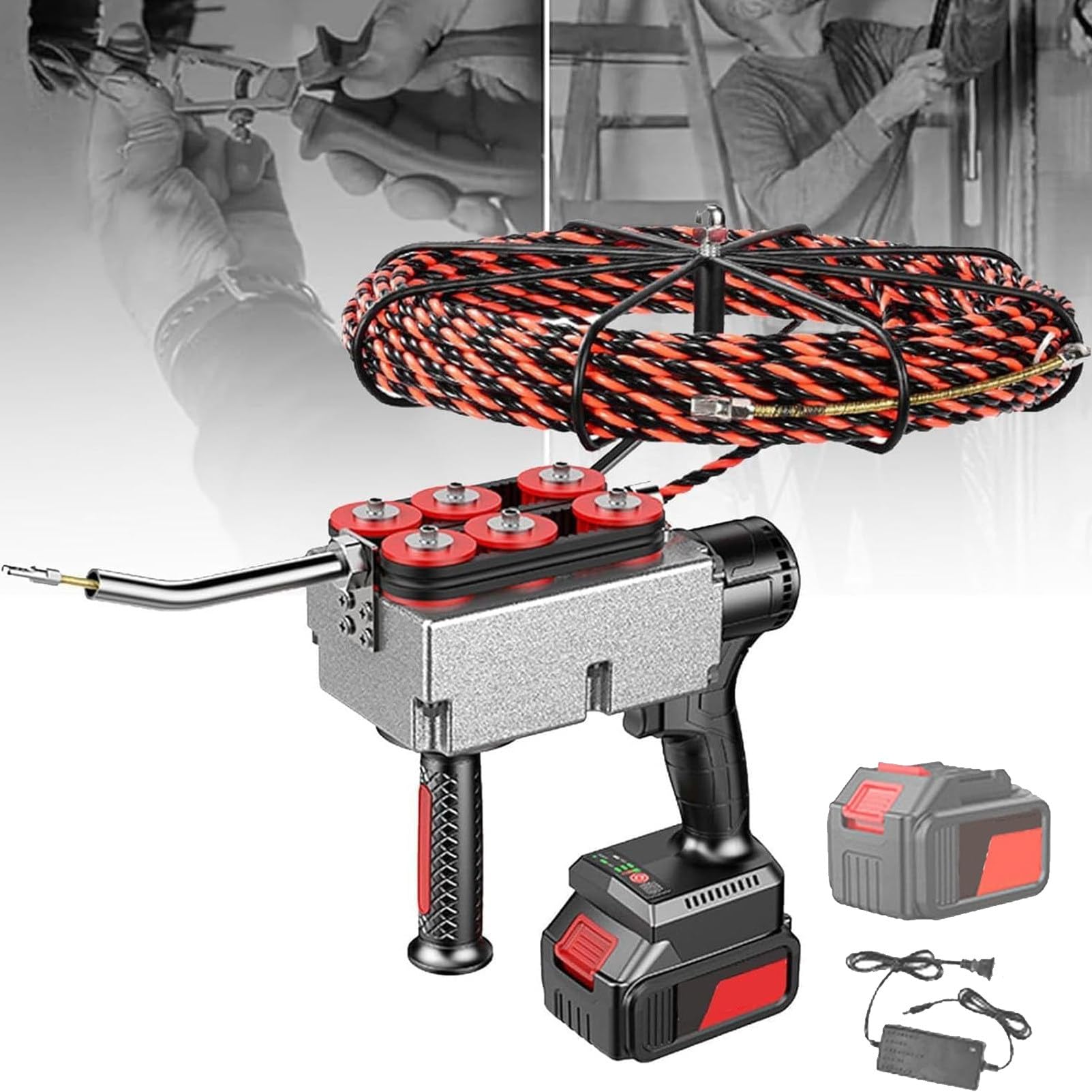 Pnpaea Automatic Wire Stringing Machine, Wire Cable Puller, 40m/Min Cordless Electric Stringing Wire Puller, for Construction Hydropower 15MeterLeadWire-1battery(10cells)