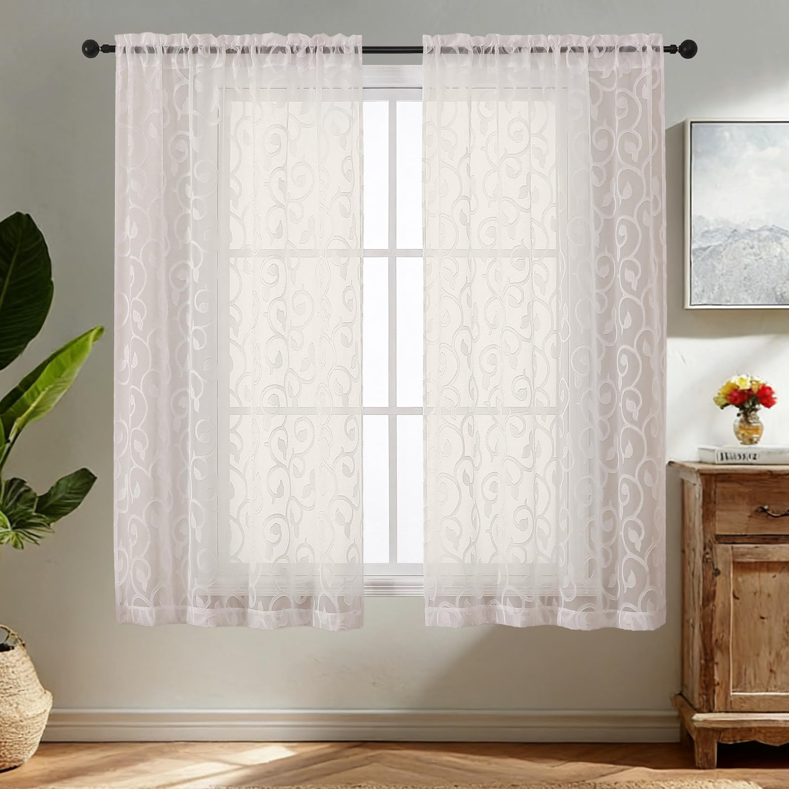 Simplebrand Ivory Sheer Voile Curtains with Embroidered Pattern, 2 Panels 140x163cm, Dual Rod Pocket Light Filtering Bedroom Window Curtains — image 1