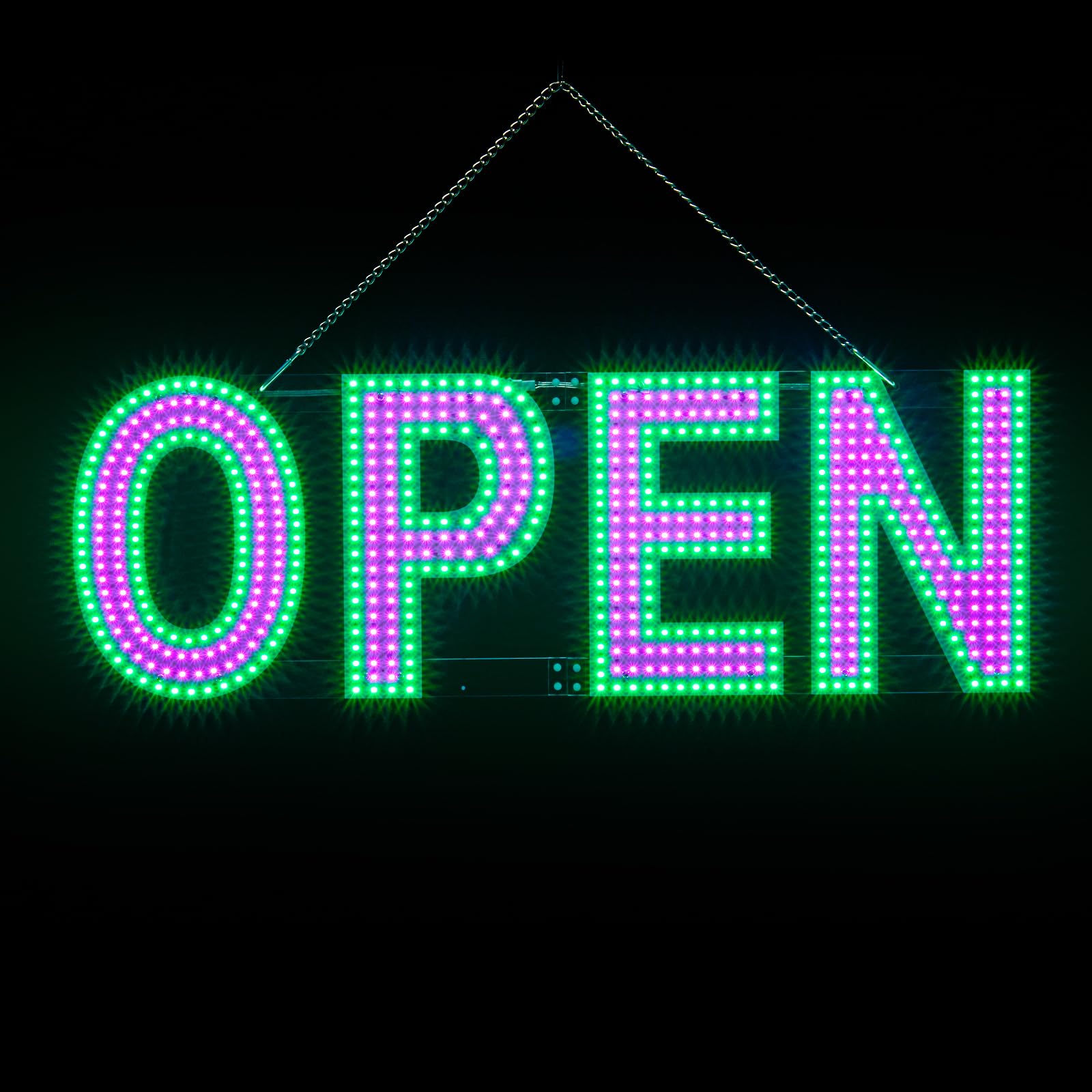 Large LED Open Signs for Business Super Bright - 30x10 in Dimmable Plug-in Electric Neon Sign with Hanging Chain, Flashing Light Signs for Big Window Bar Cafe Salon Barber Shop Pink/Green