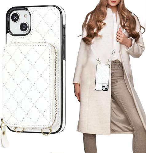 Bocasal Funda tipo cartera cruzada para iPhone 14 Plus, bloqueo RFID, de piel sintética, con cremallera, funda tipo cartera con función atril y