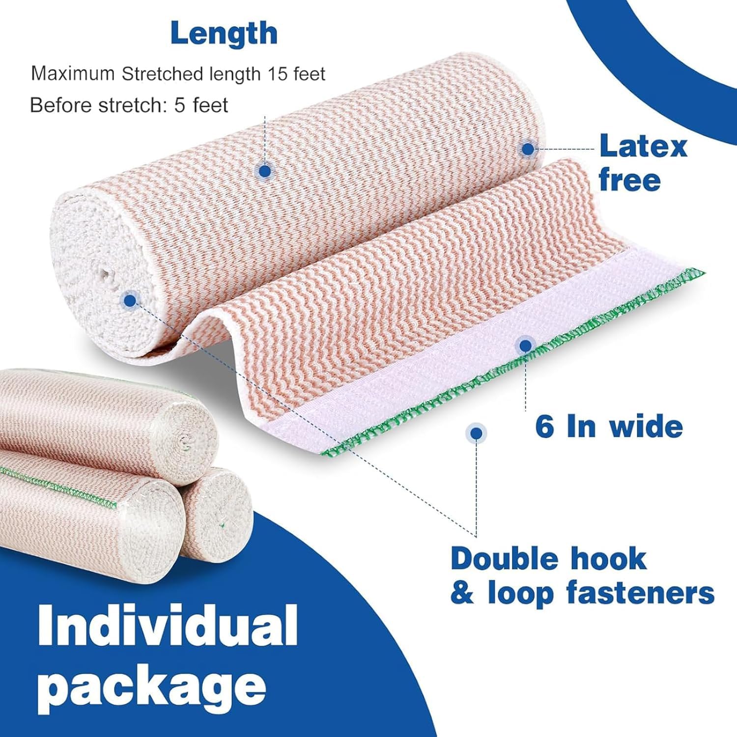 AZEN Paquete de 10 vendajes elásticos de alta calidad de 6 pulgadas, vendajes de compresión para piernas, vendas de linfedema para piernas, tobillo, rodilla, abdomen