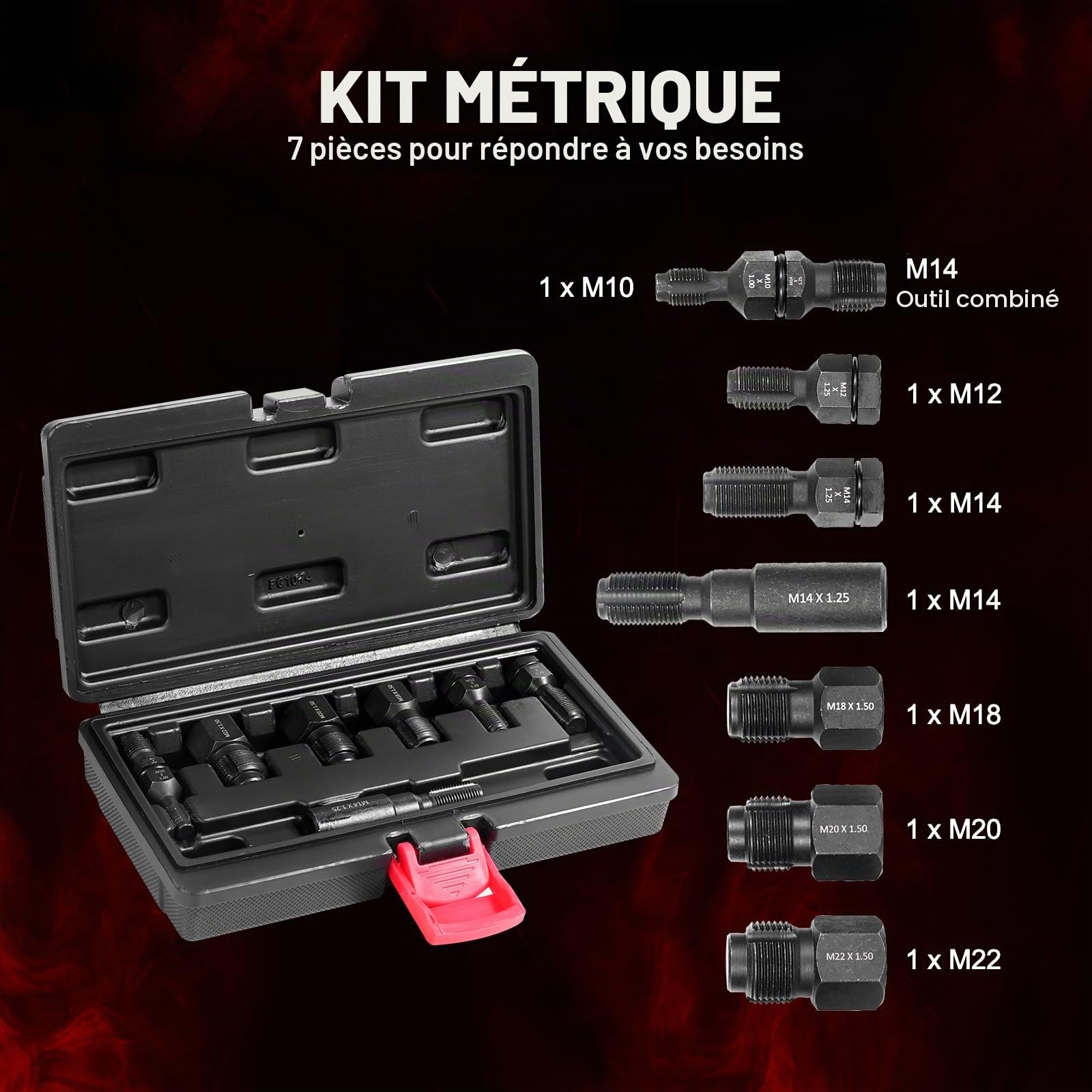 VEVOR Kit de Réparation de Filetage 7 Pièces, Outils à Restaurer Les Filetages Abîmes Métriques M10 M12 M14 M18 M20 M22, avec Étui, Acier au Carbone Traité Thermiquement, pour Réparation Automobile