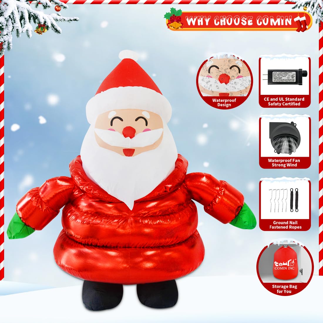 COMIN 5 FT Christmas Inflatable Santa Claus Outdoor Decoration Blow Up Yard Decorations with Built-in LED Lights for Indoor Outdoor Yard Lawn Garden Decorations