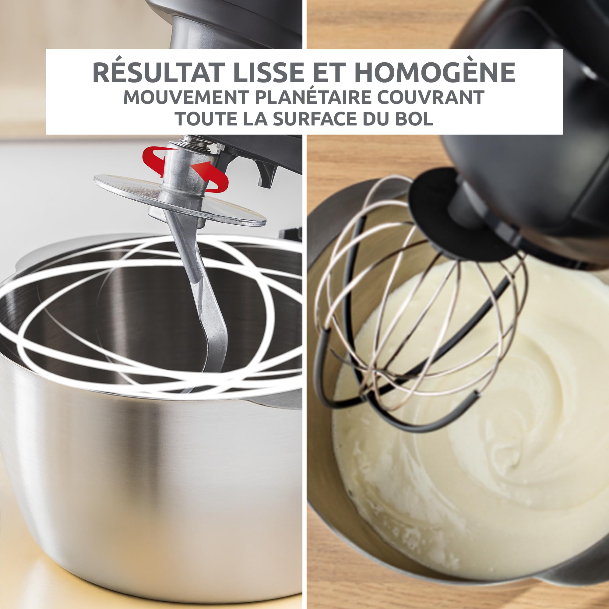 Moulinex Bake Partner, Robot pâtissier, Puissance 1100 W, Bol inox 4,6L, Batteur, Fouet, Pétrin, Blender, Découpe-légumes, Résultat homogène, Noir, QA522810