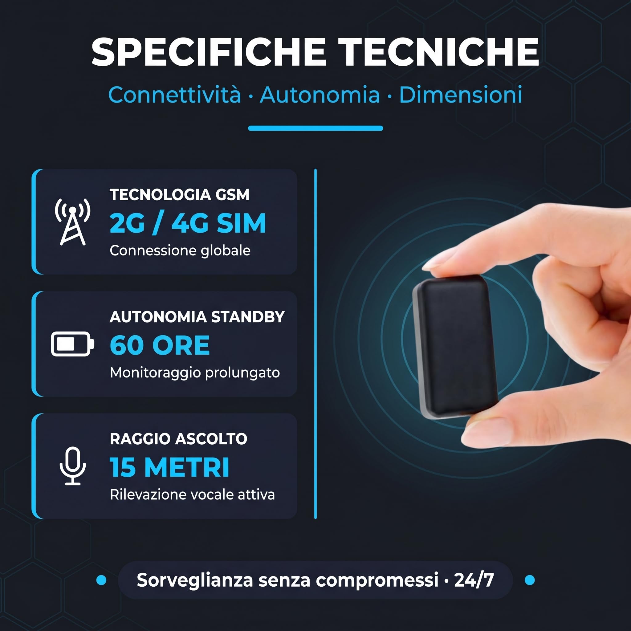 Microspia Audio GSM Localizzatore GPS Professionale - Ascolto Ambientale Real-Time e Registratore Vocale - Antifurto Spia per Auto Ufficio Casa - Richiamata Automatica Vox - 60h Standby (Spectre 7)