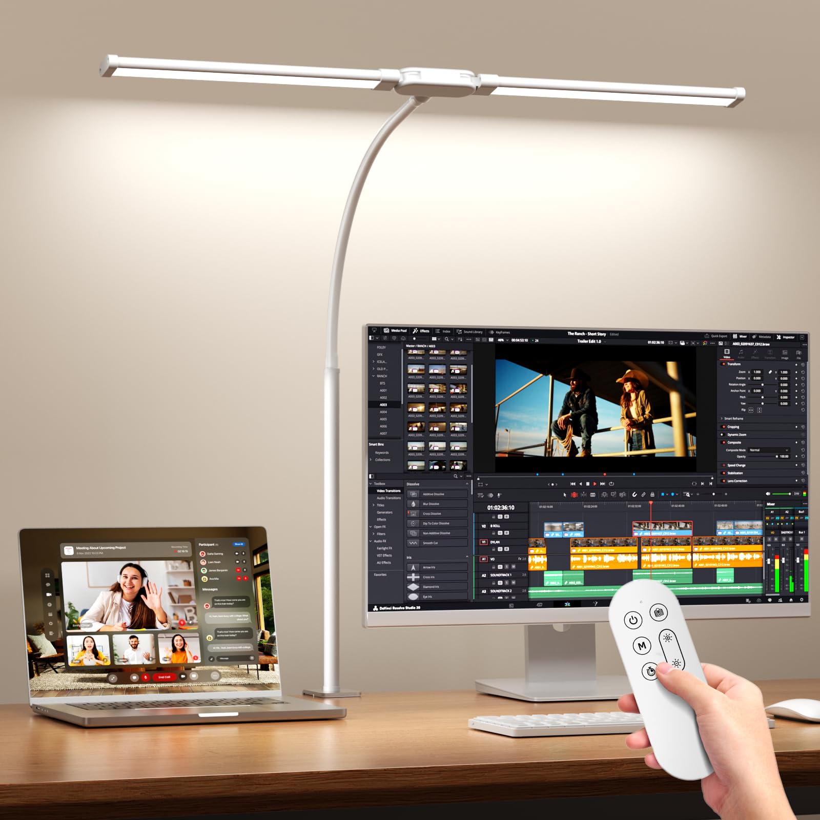 SKYLEO LED Desk Lamp with Clamp - Double Head Desk Light with Remote and Touch - Eye Protection - 12 W, 5 Color Modes, Timer and Memory Function, Flexible Gooseneck - for Office, Reading - White โ image 1
