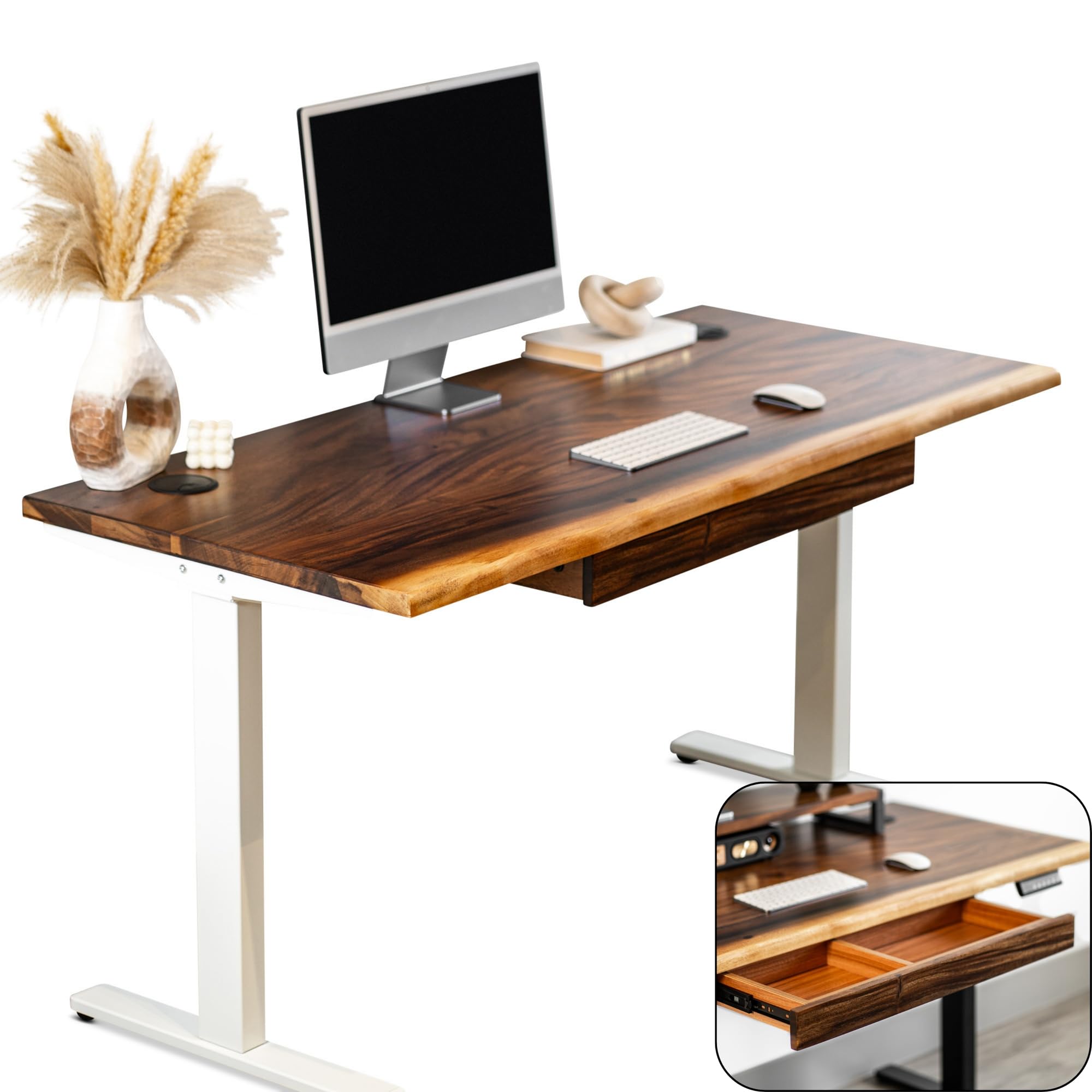Standing Desk with Drawer – Walnut Solid Wood Desk, Natural Live Edge, Adjustable Height Dual Motor, Sit Stand for Home Office (White, W60 x D27)