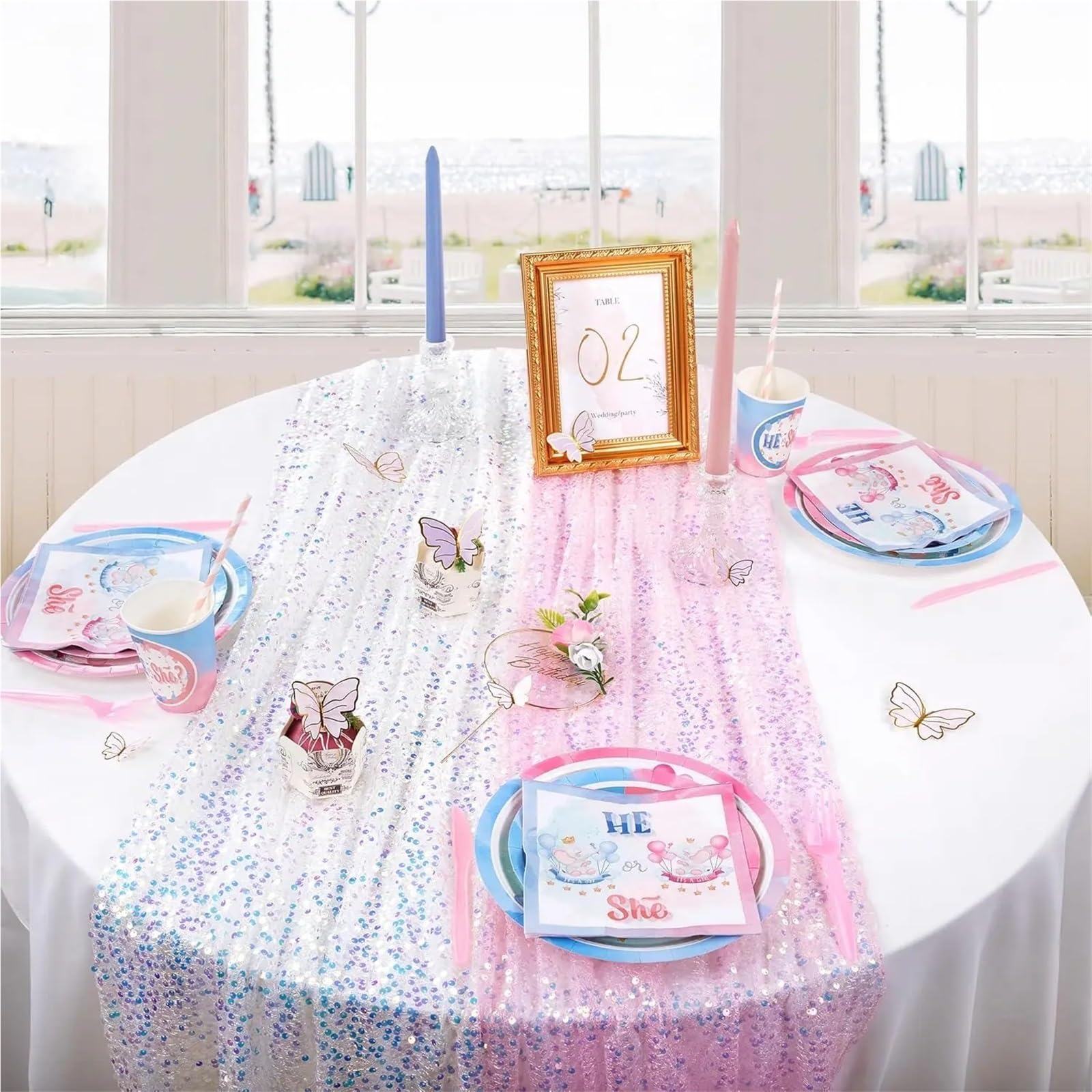 Runner da tavola in garza glitterata, Runner da tavola in garza 2 pezzi con paillettes iridescenti glitterate 60x183-360 cm Festa di nozze(Color 1,60x360cm)