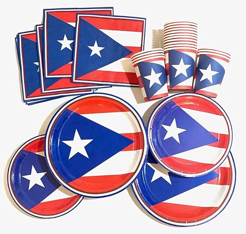 Juego de suministros para fiestas con la bandera de Puerto Rico, platos boricua, servilletas puertorriqueñas, vasos, vajilla desechable, 72 piezas,