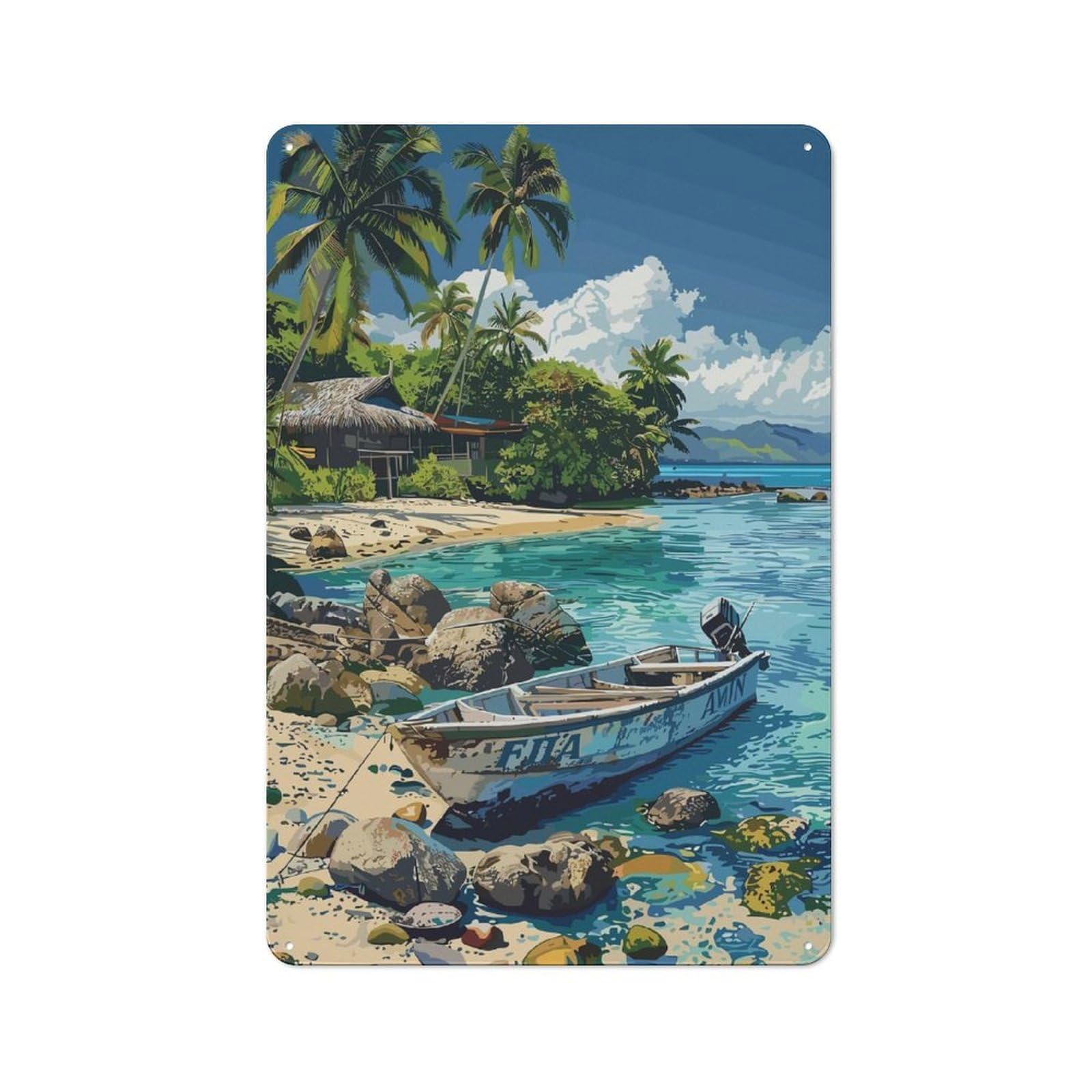 Junmoney Tropical Beach With Boat And Hut Retro Metal Plaque 30X20cm For Garage Or Workshop, Housewarming Wall Decor For People Furnishing Garage And Workshop