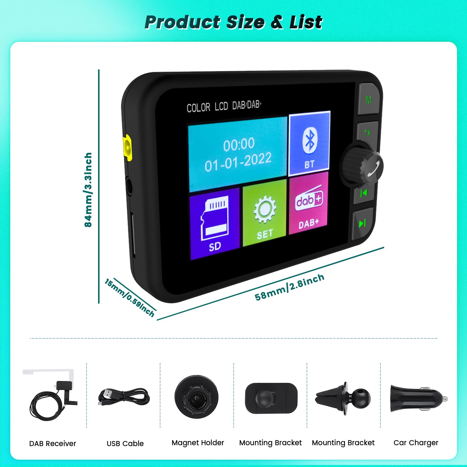 Hikity Adaptateur Dab Portable pour Android Autoradio avec écran LCD 2,4 Pouces, Petit Adaptateur Radio Numérique avec Mains Libres Bluetooth AUX-in Transmetteur FM Dab Digital Radio