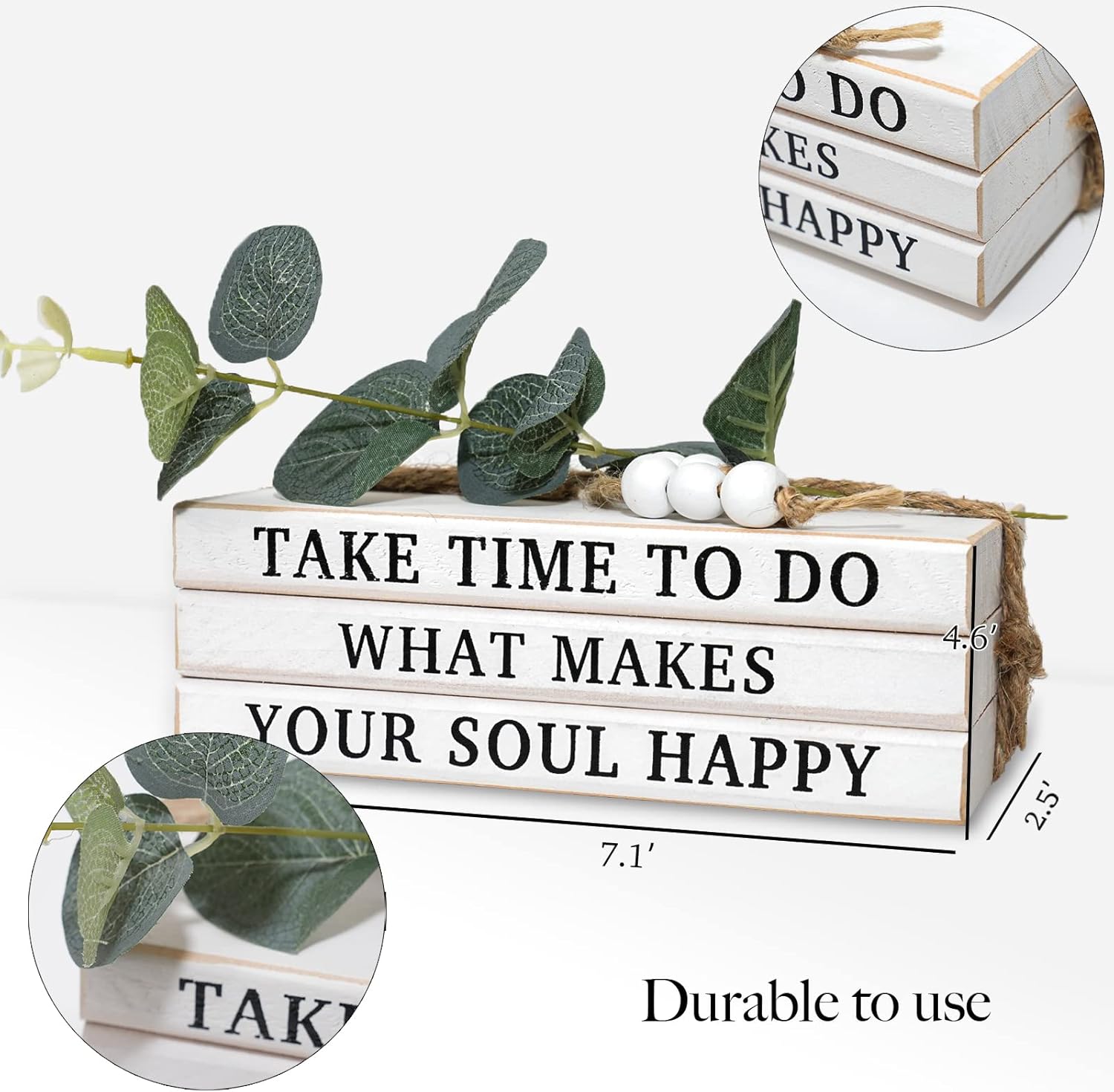 3 Pieces Wooden Decorative White Books, Rustic Farmhouse Faux Books for Coffee Table Shelves with Wood Bead Tassels and Leaves, 7'x 4.6'x 2.5' (Take Time to Do, What Makes, Your Soul Happy)