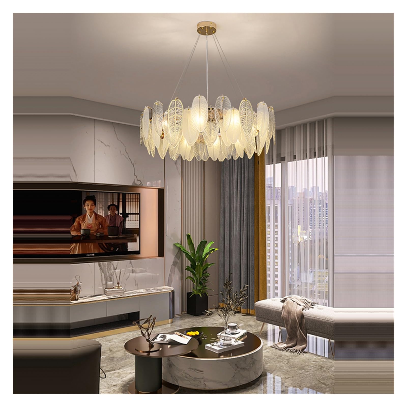 Generico Lampadario, 2025 Foglie Autunnali LED Art Deco Vetro Lampade a Sospensione dimmerabili Lampada a di Design a for Soggiorno(80cm,Neutral light)