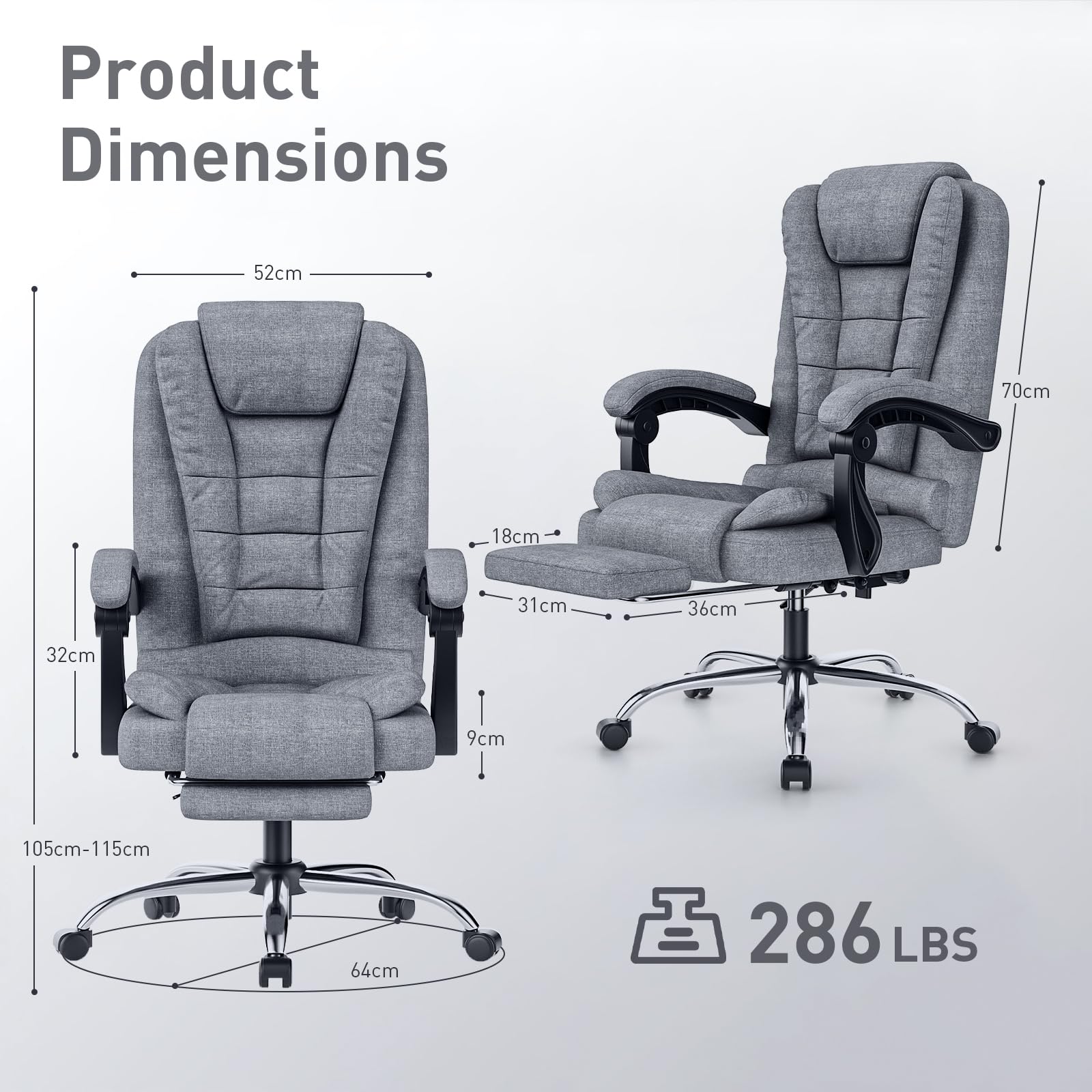 naspaluro Silla de Oficina con Reposapiés, Ergonómica Silla Ejecutiva con Respaldo Alto, Altura Ajustable, Silla Giratoria, Computadora Silla Reclinable, Gris