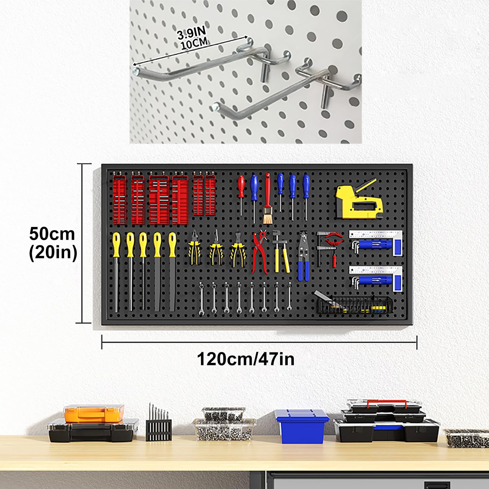 Metalowy organizer na narzędzia z haczykami, system do przechowywania ścian garażowych, zestaw 120 x 50 cm, trwały uchwyt na narzędzia do domowego warsztatu i garażu